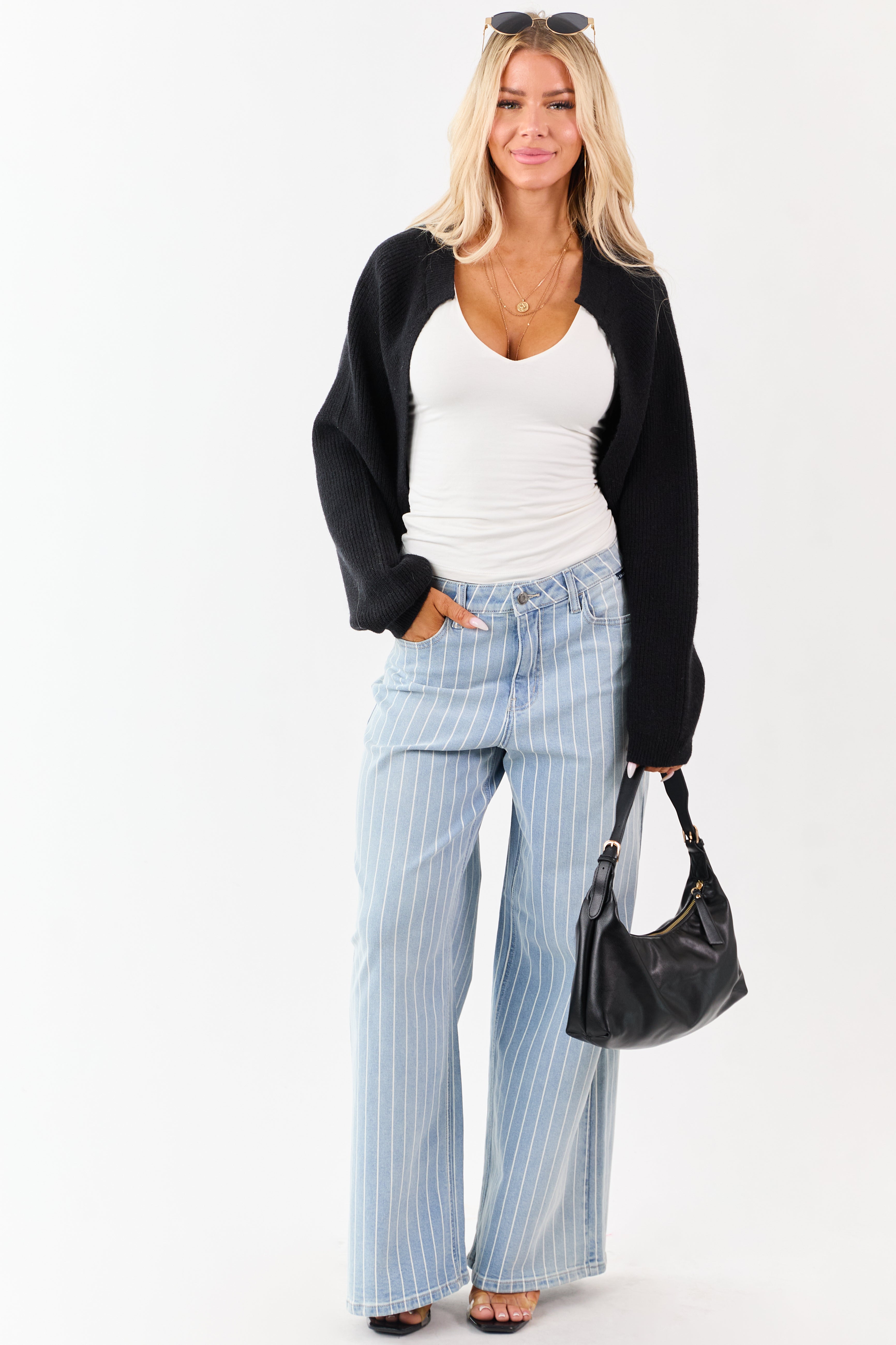 Cello Light Wash Pinstripe Stretchy Wide Leg Jeans