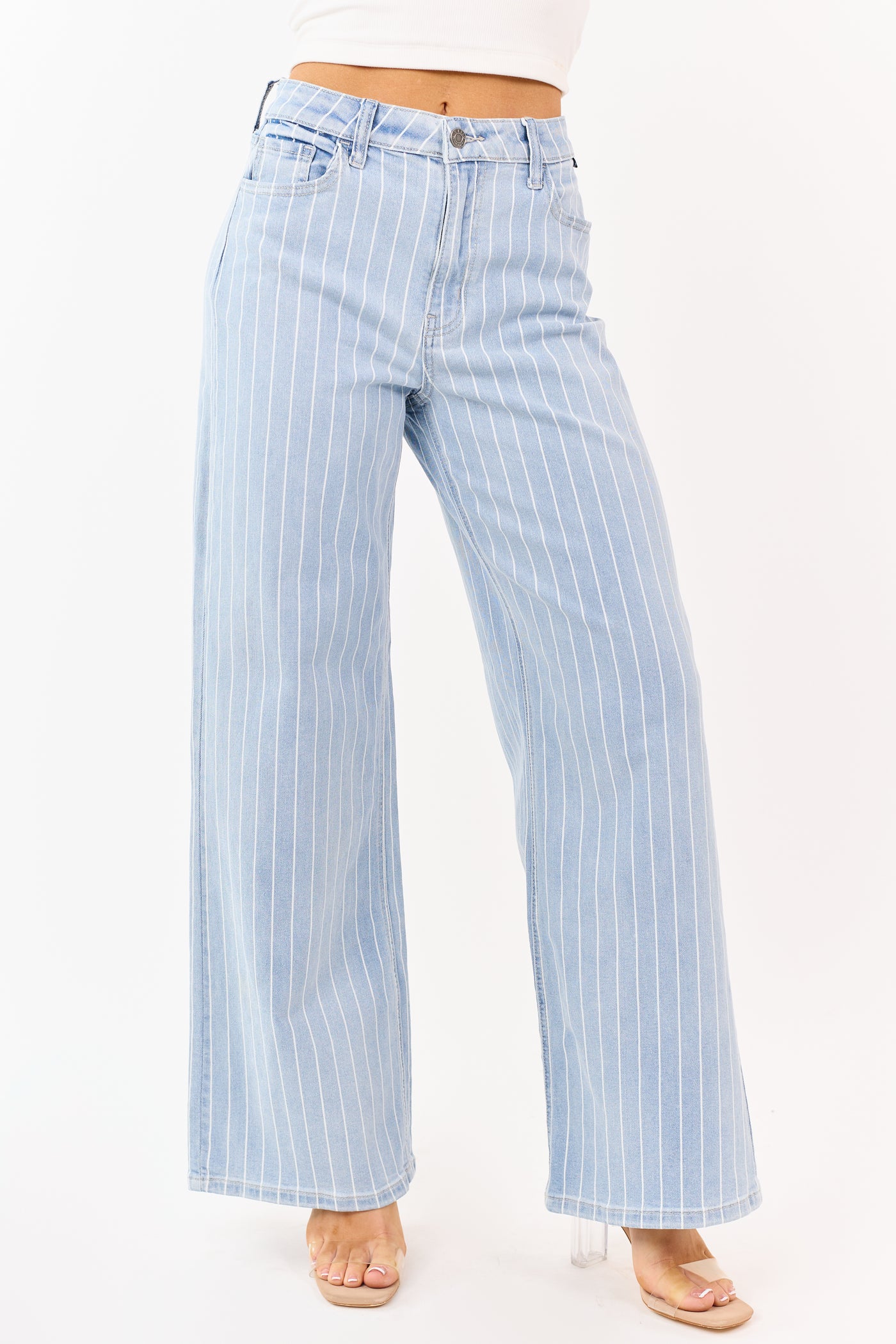 Cello Light Wash Pinstripe Stretchy Wide Leg Jeans