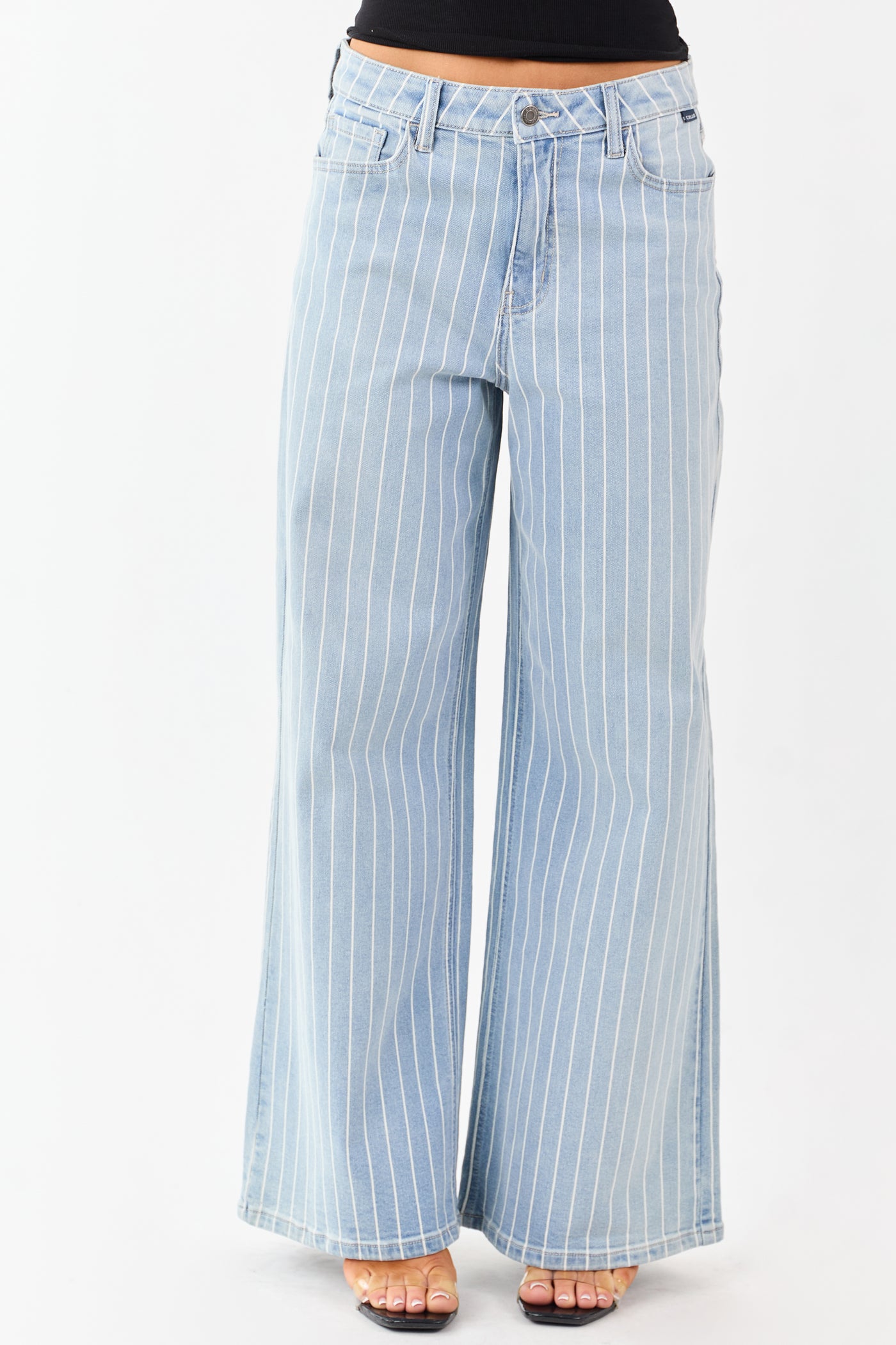 Cello Light Wash Pinstripe Stretchy Wide Leg Jeans