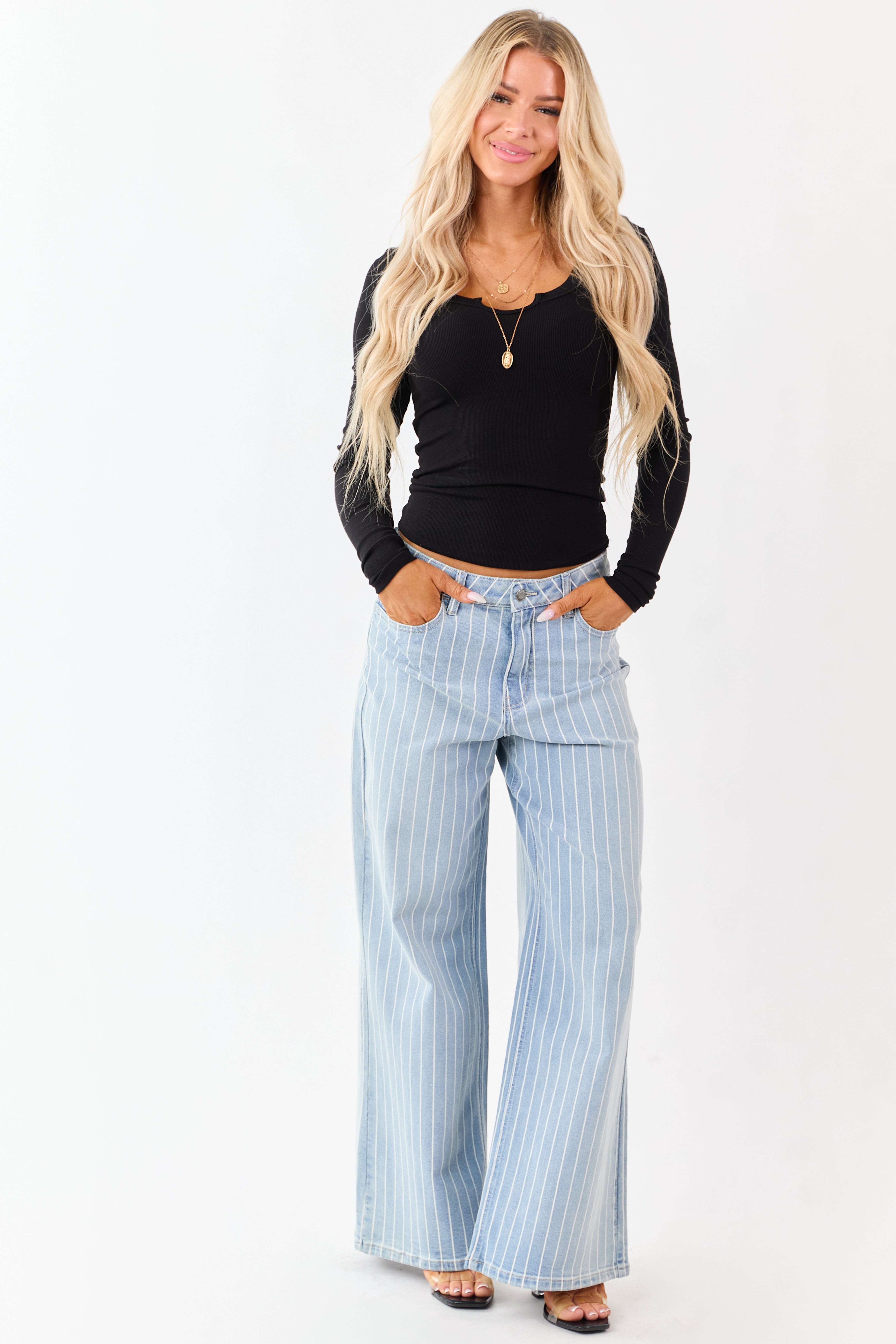 Cello Light Wash Pinstripe Stretchy Wide Leg Jeans