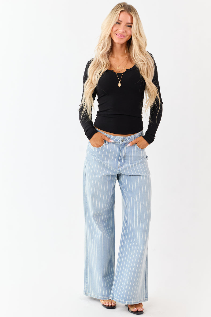 Cello Light Wash Pinstripe Stretchy Wide Leg Jeans