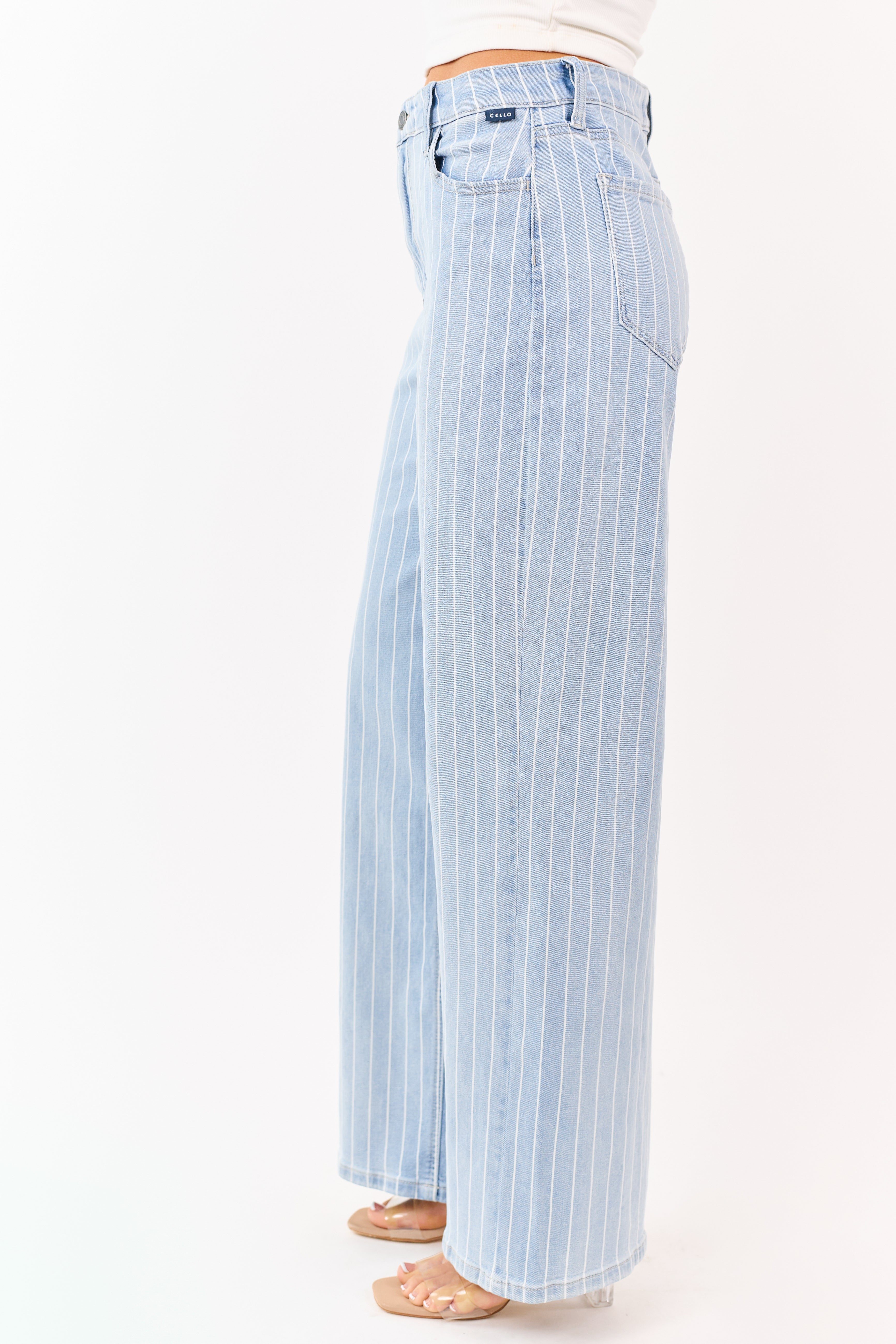 Cello Light Wash Pinstripe Stretchy Wide Leg Jeans