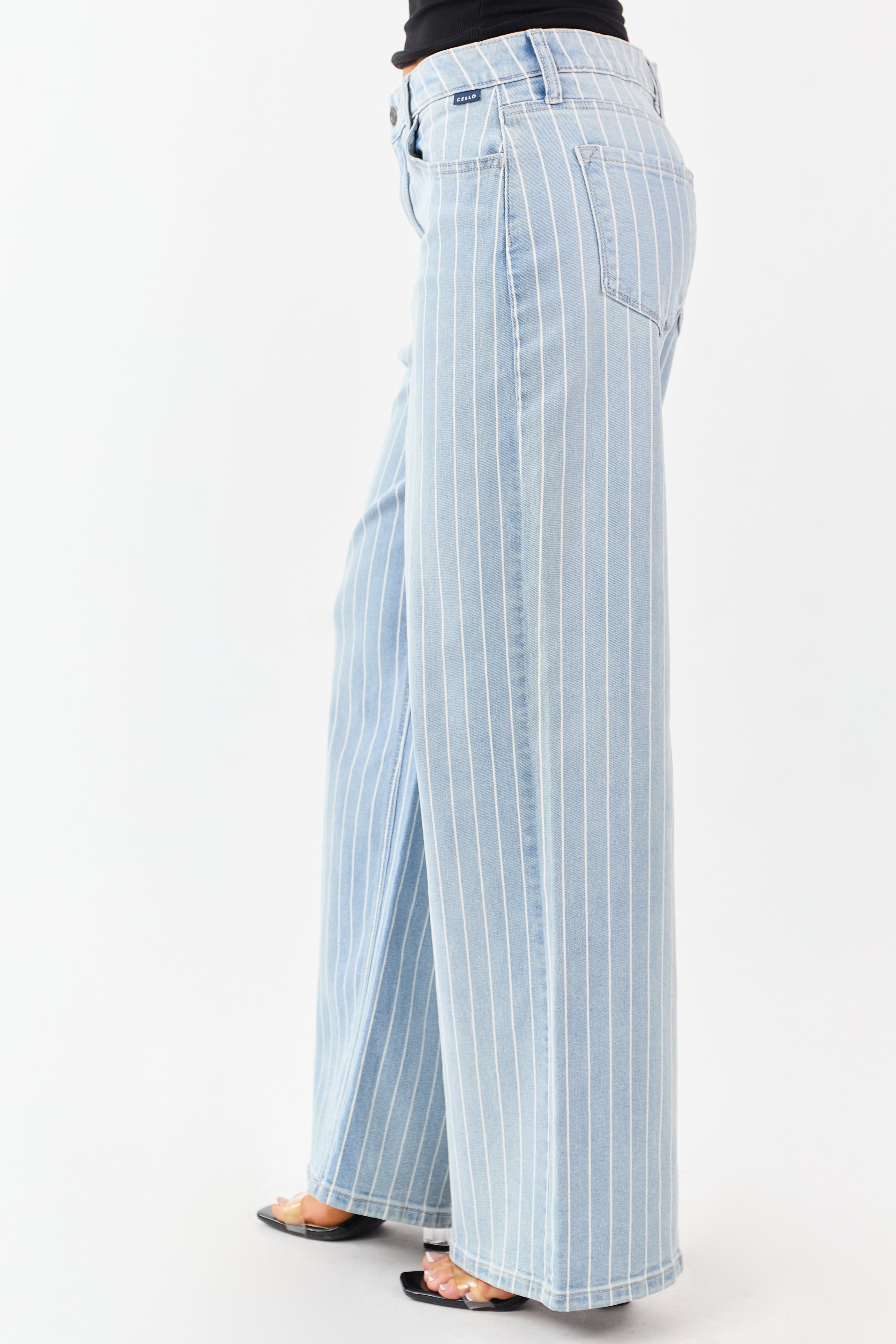 Cello Light Wash Pinstripe Stretchy Wide Leg Jeans