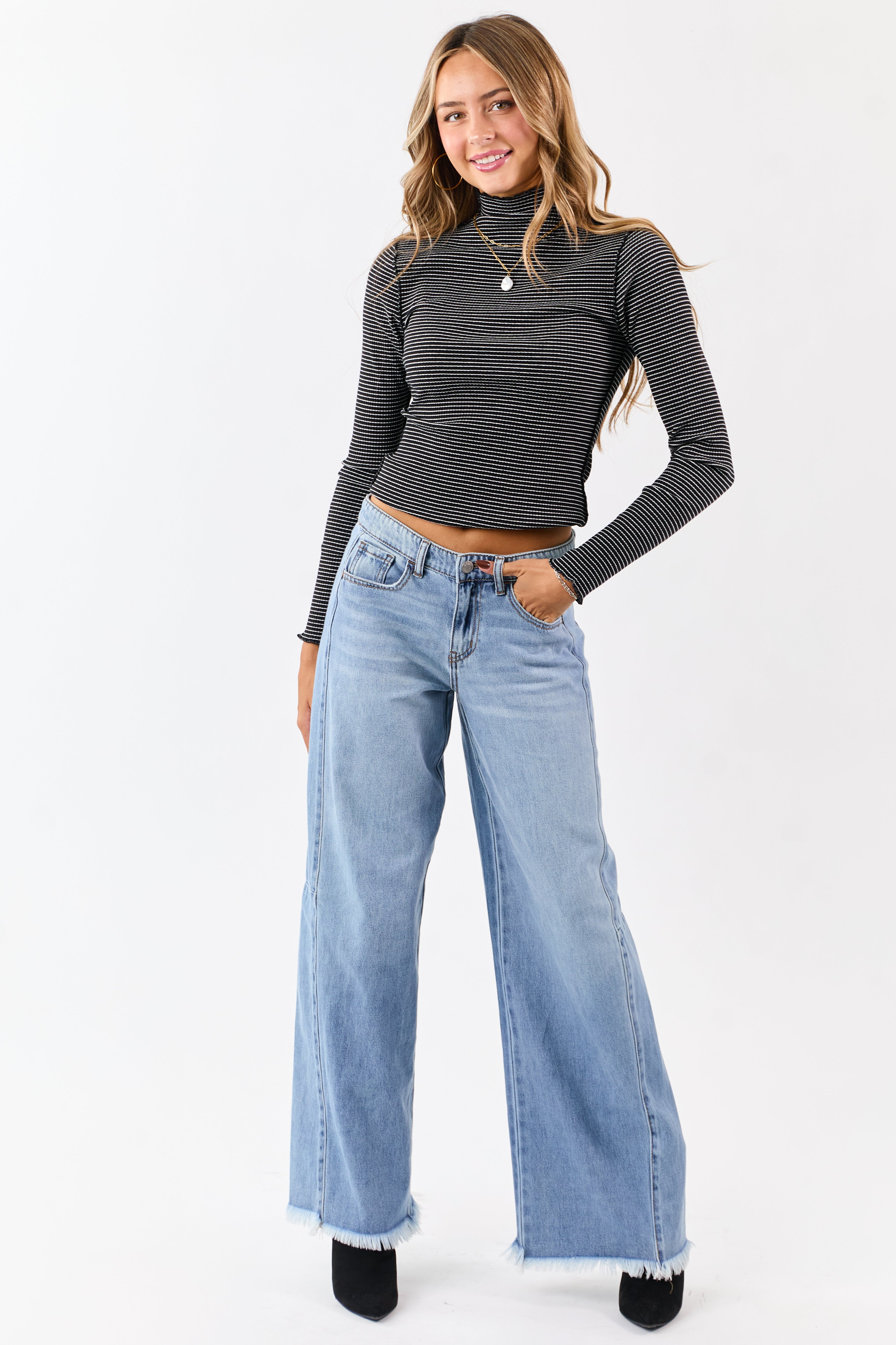 Cello Light Wash Raw Hem High Rise Wide Leg Jeans