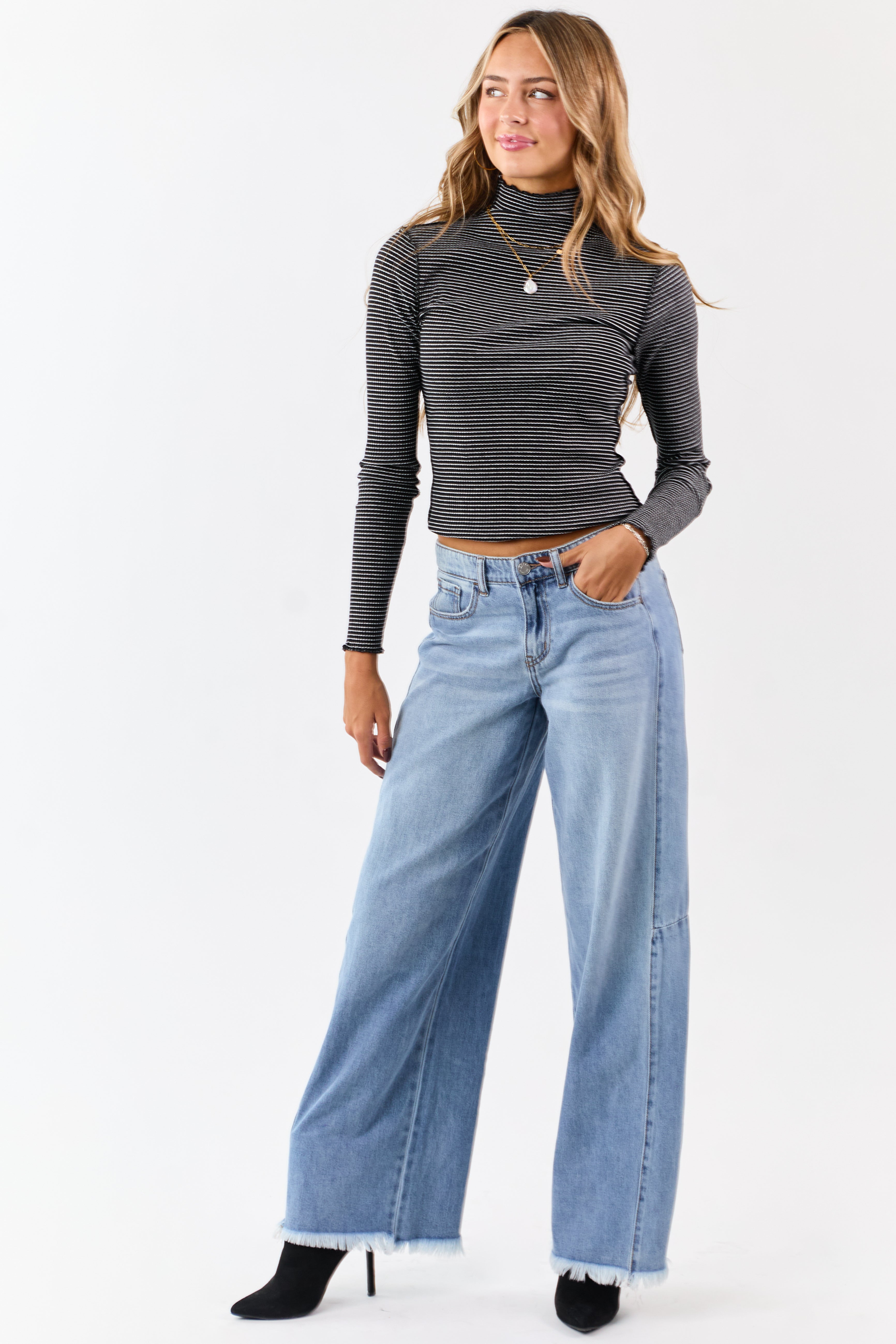 Cello Light Wash Raw Hem High Rise Wide Leg Jeans