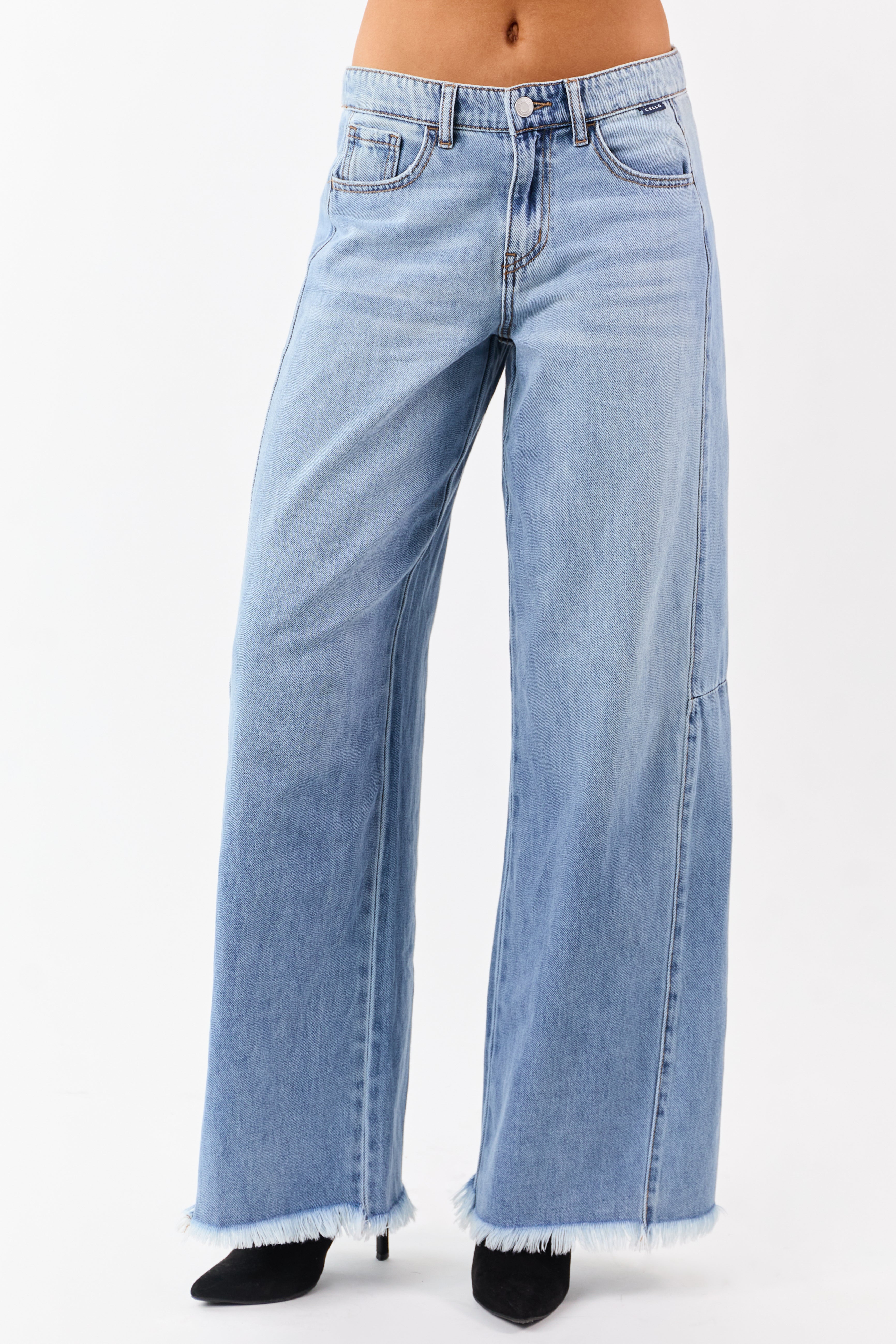 Cello Light Wash Raw Hem High Rise Wide Leg Jeans