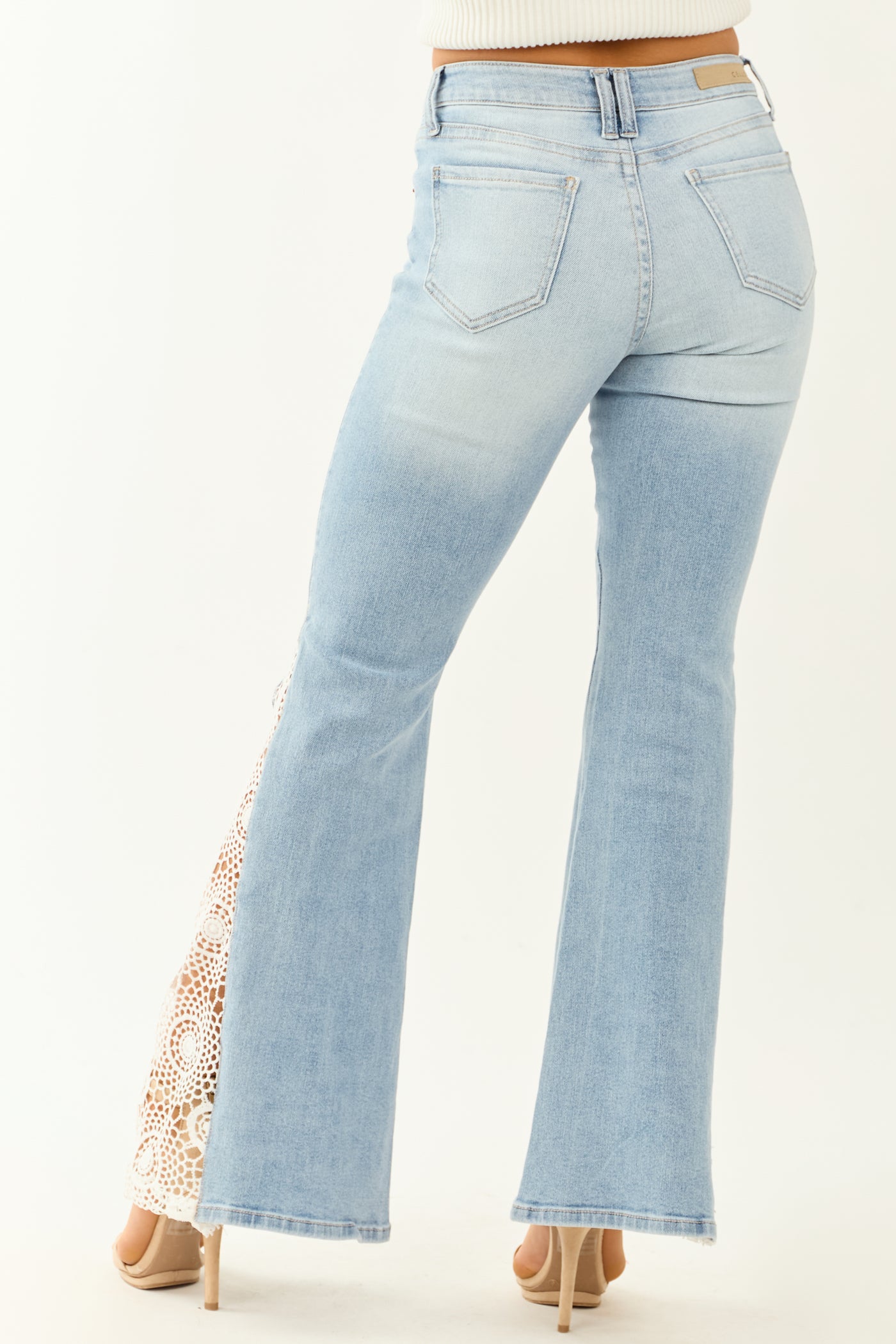 Cello Light Wash Stretchy Crochet Detail Flare Jeans