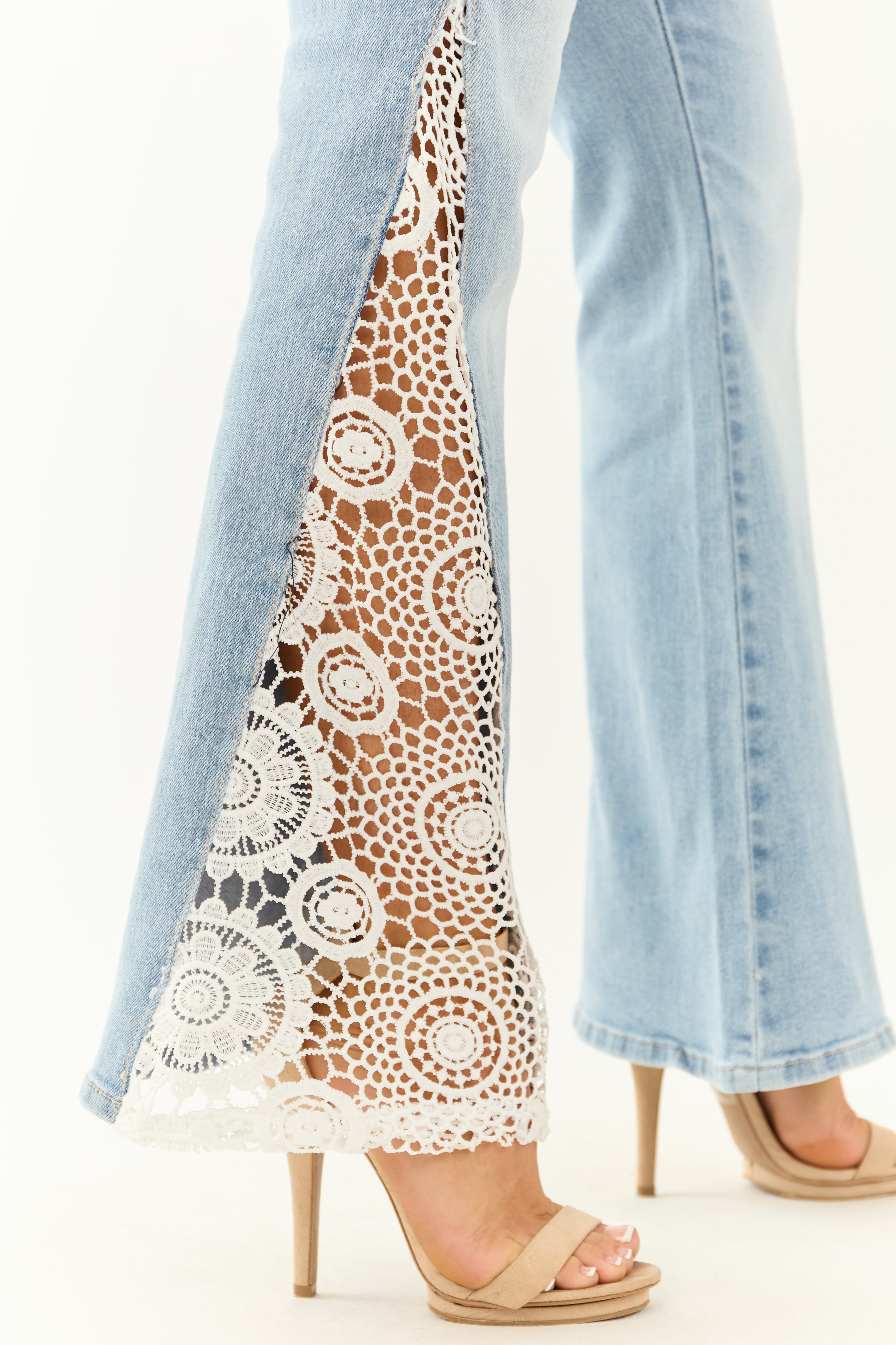 Cello Light Wash Stretchy Crochet Detail Flare Jeans