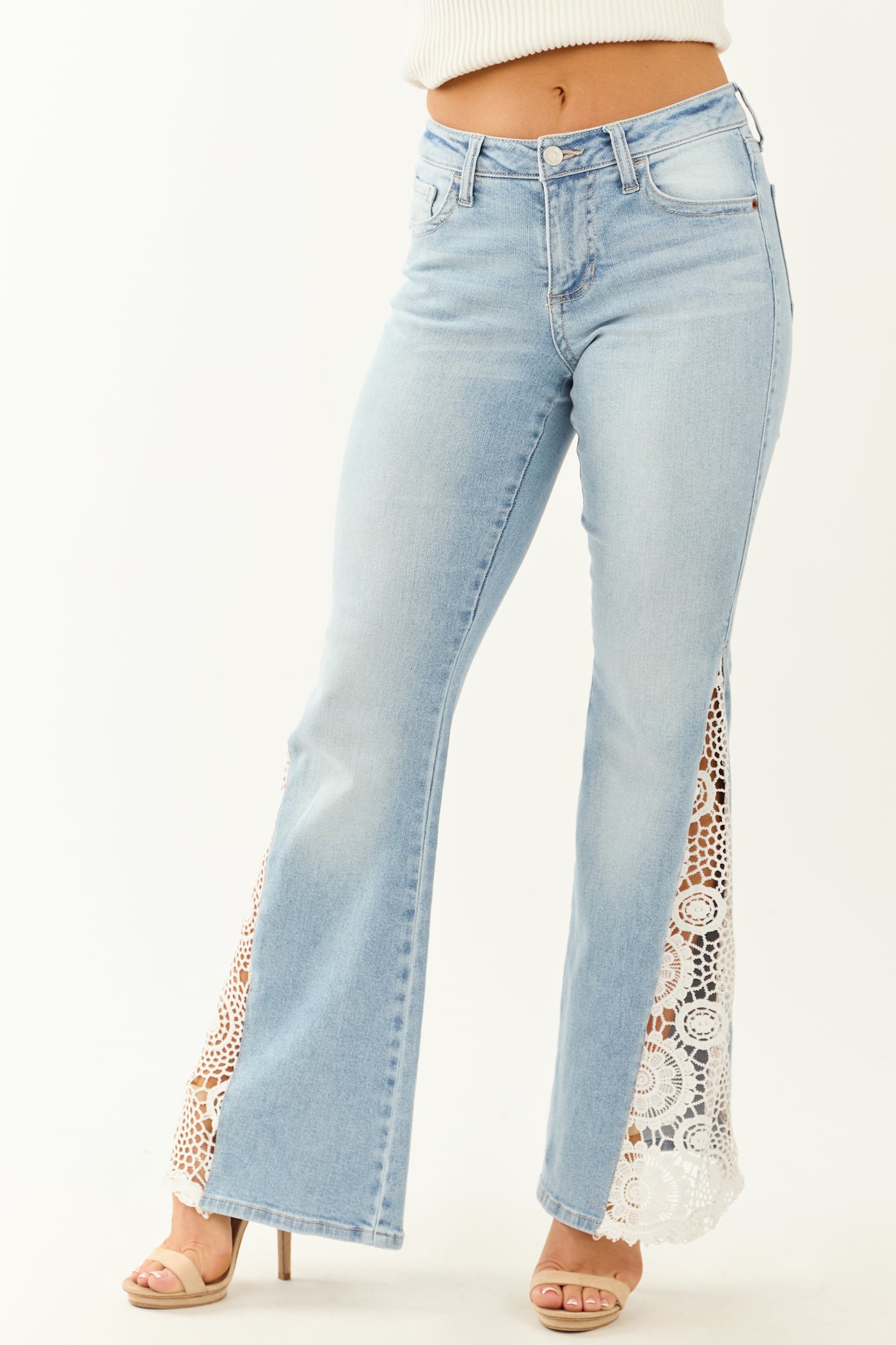 Cello Light Wash Stretchy Crochet Detail Flare Jeans