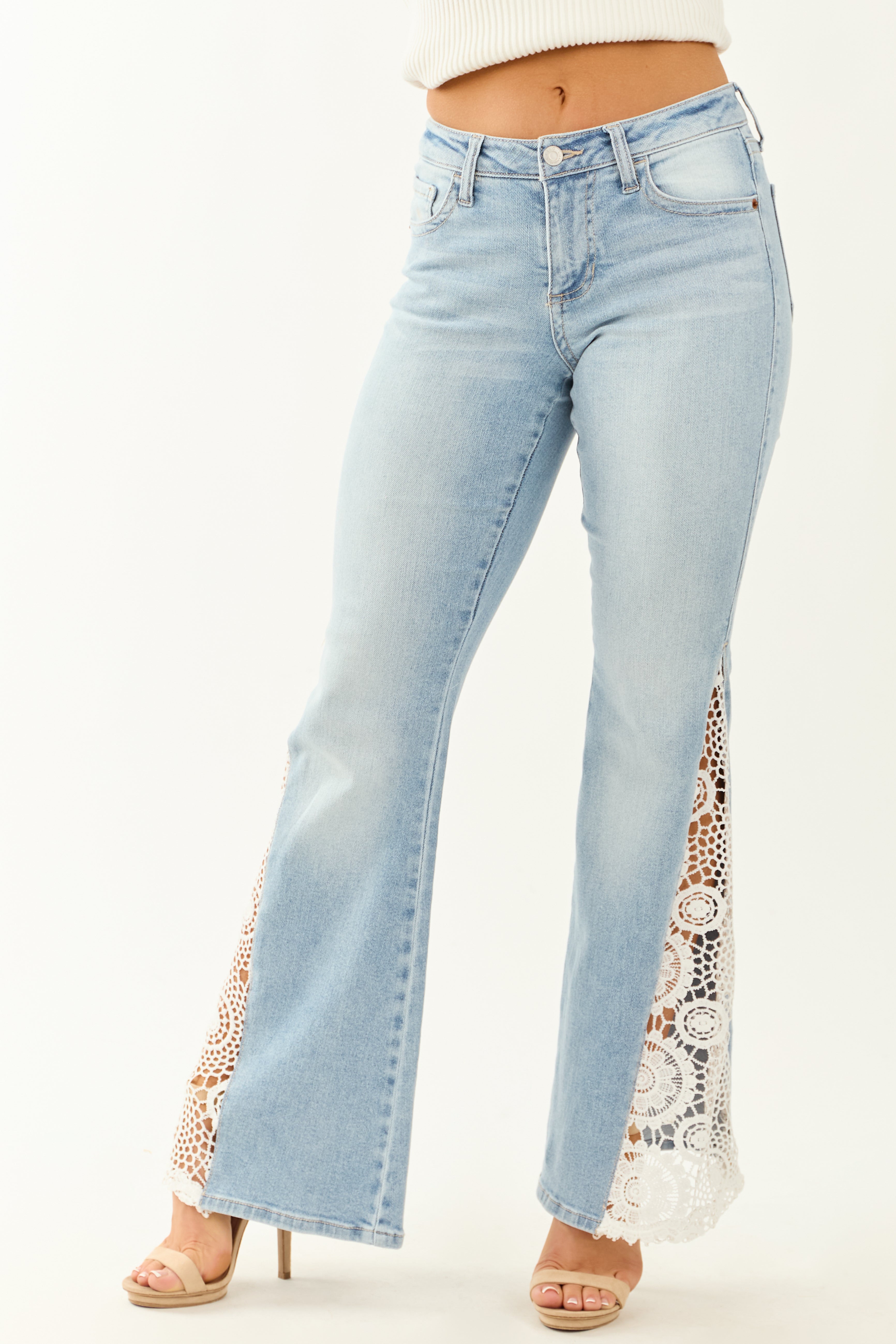 Cello Light Wash Stretchy Crochet Detail Flare Jeans