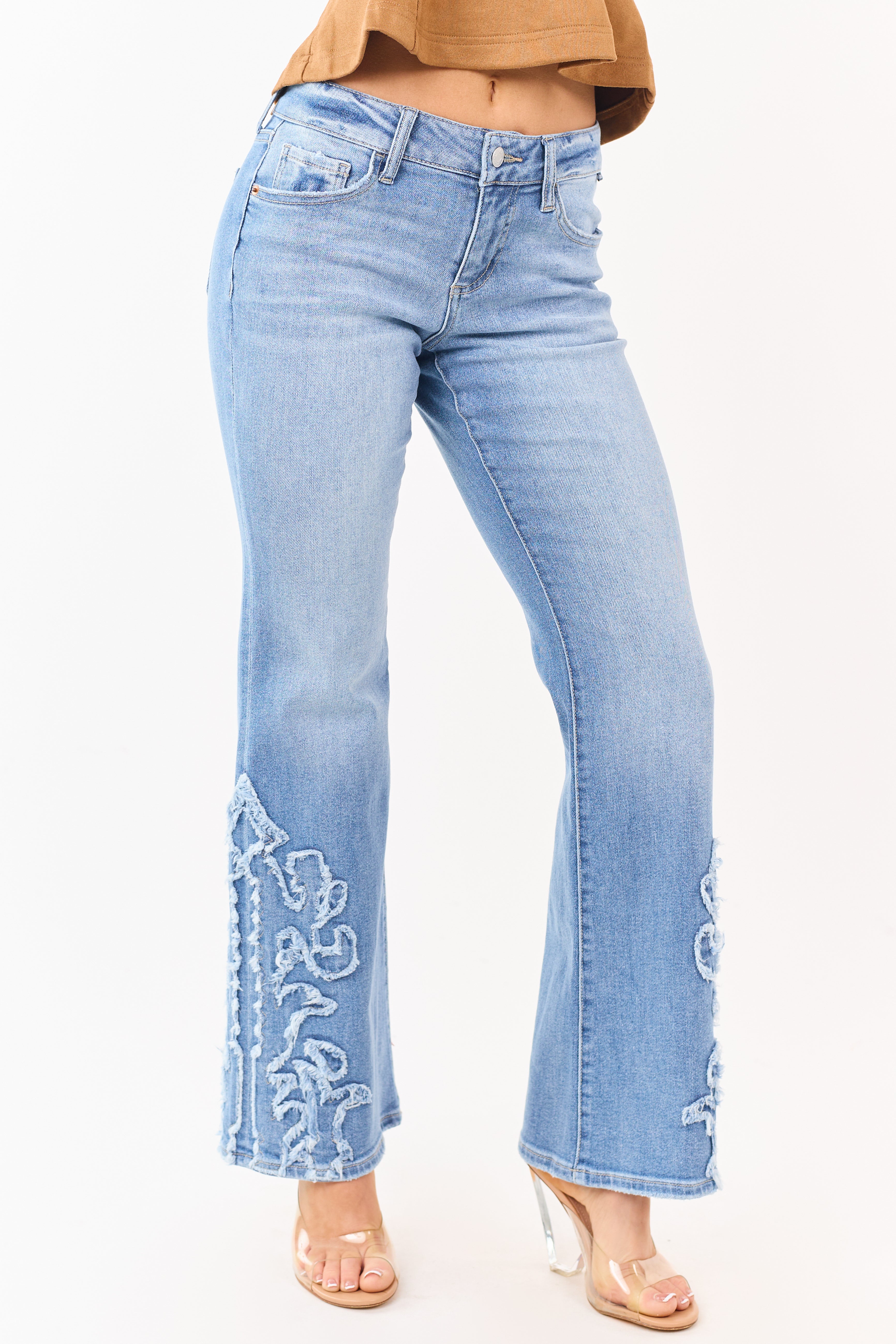 Cello Light Wash Stretchy Flare Leg Frayed Jeans