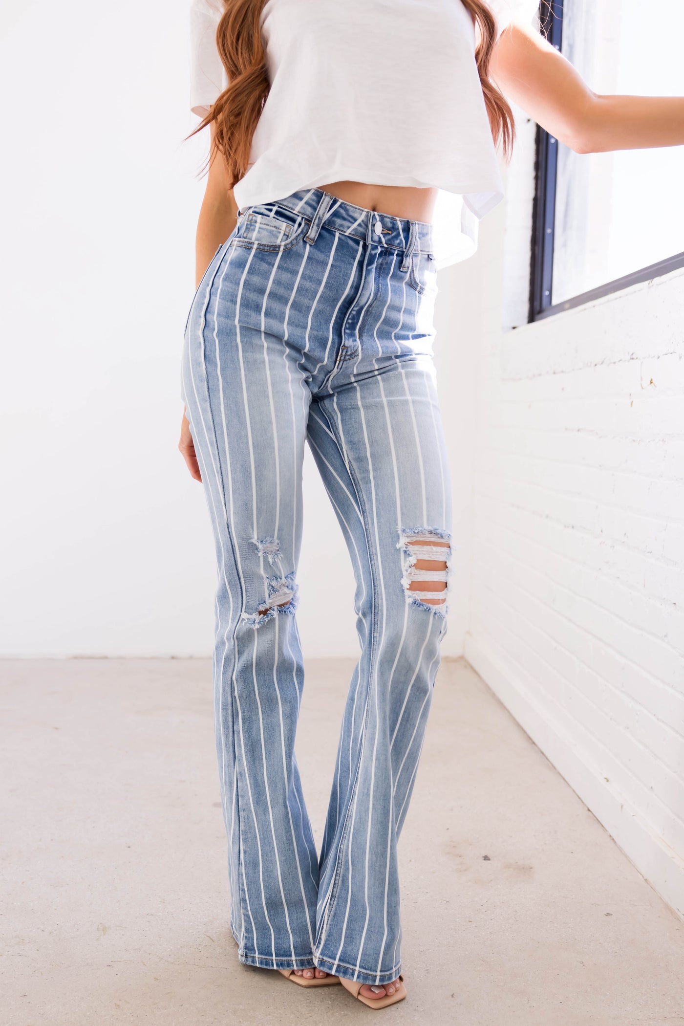 Cello Light Wash Striped High Rise Flare Jeans