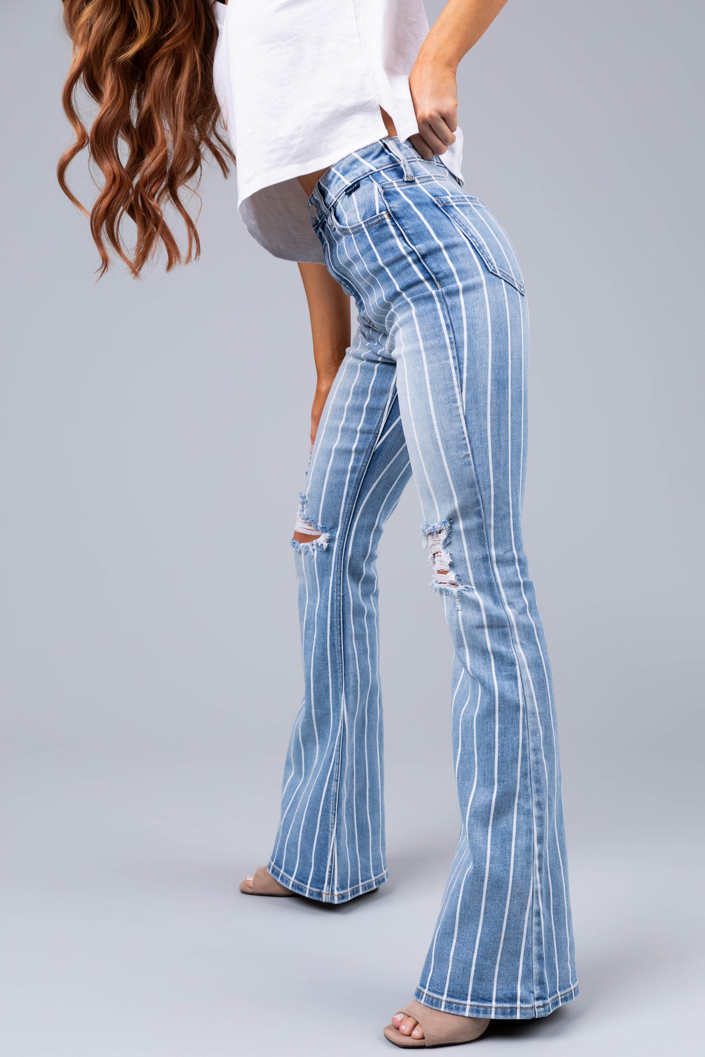 Cello Light Wash Striped High Rise Flare Jeans