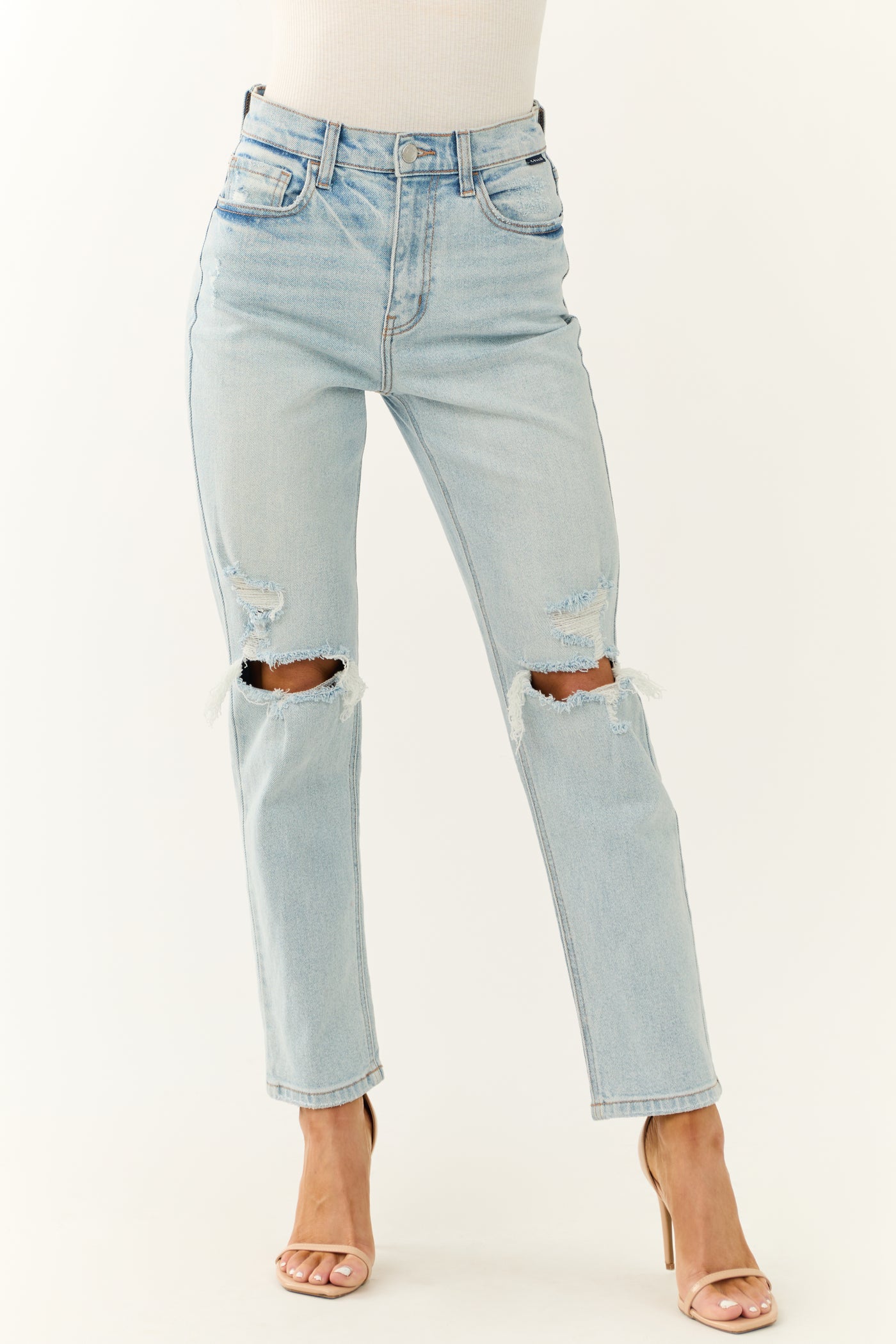 Cello Light Wash Torn Knee Straight Jeans