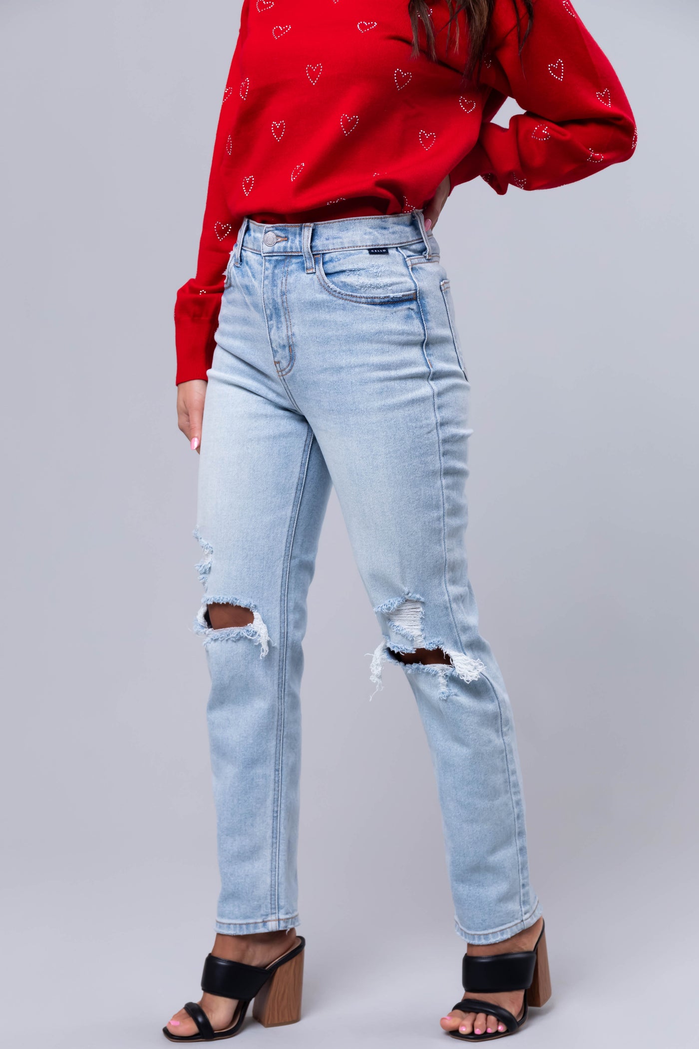 Cello Light Wash Torn Knee Straight Jeans