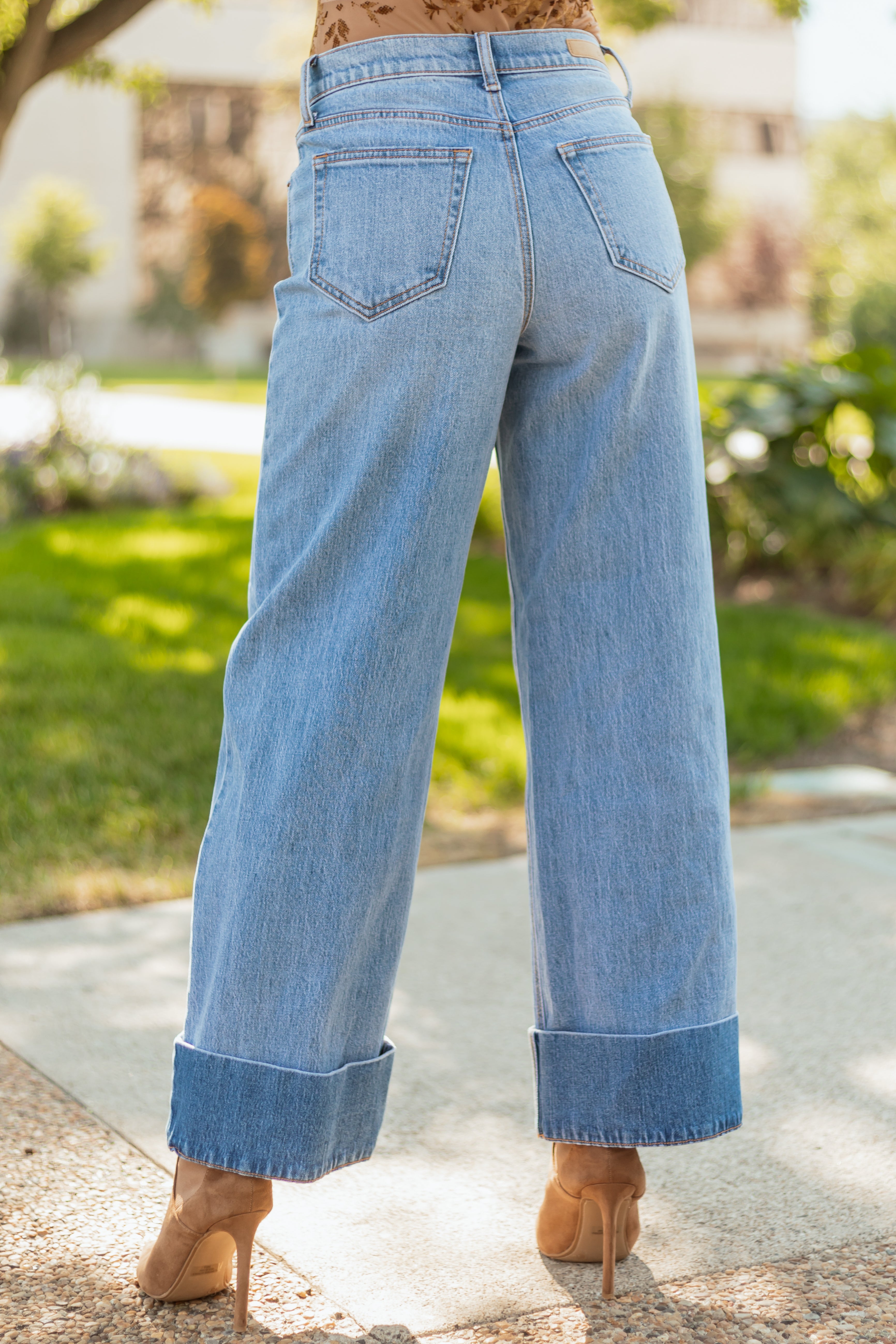 Cello Light Wash Wide Leg Cuffed Hem Jeans
