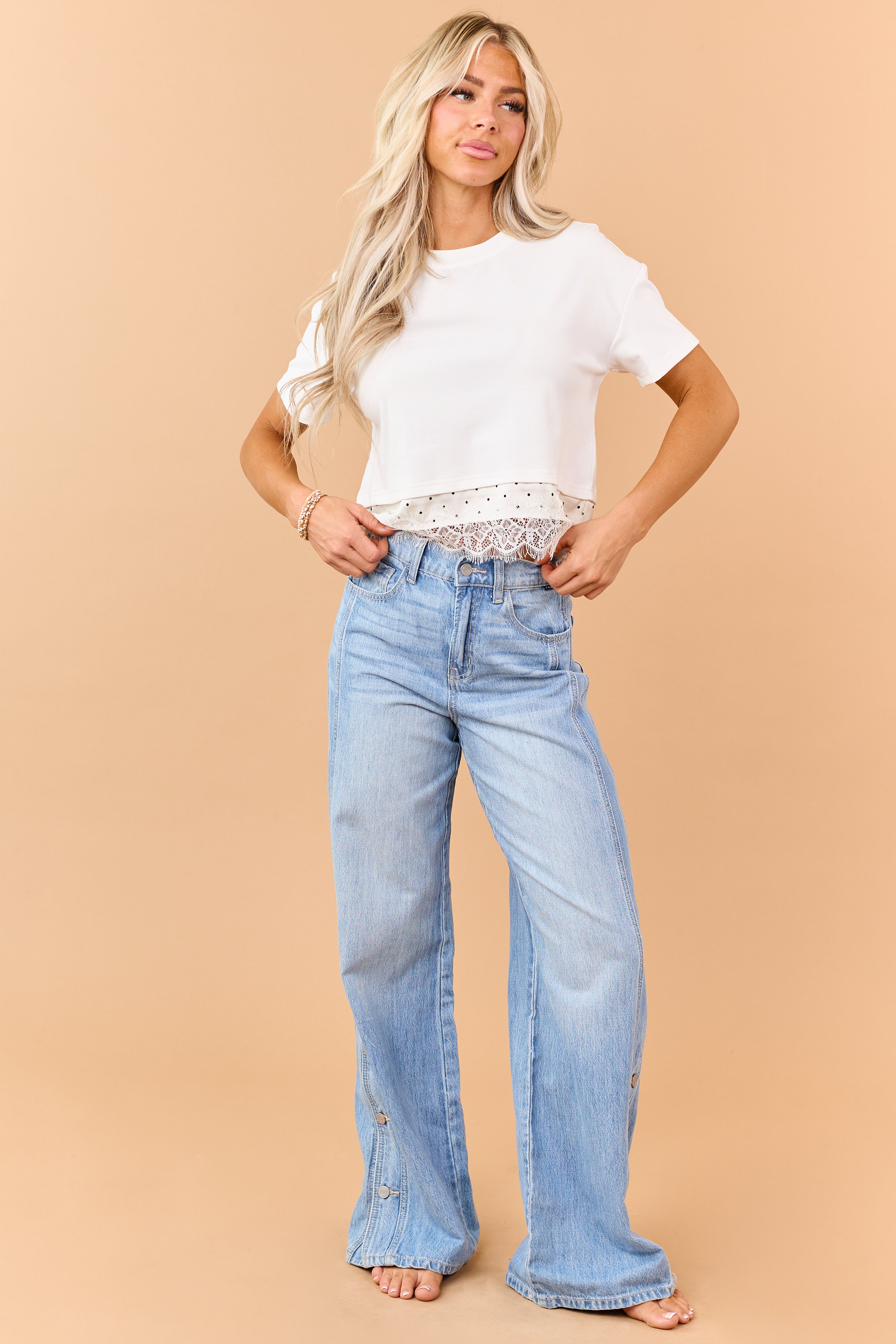 Cello Light Wash Wide Leg Side Button Jeans