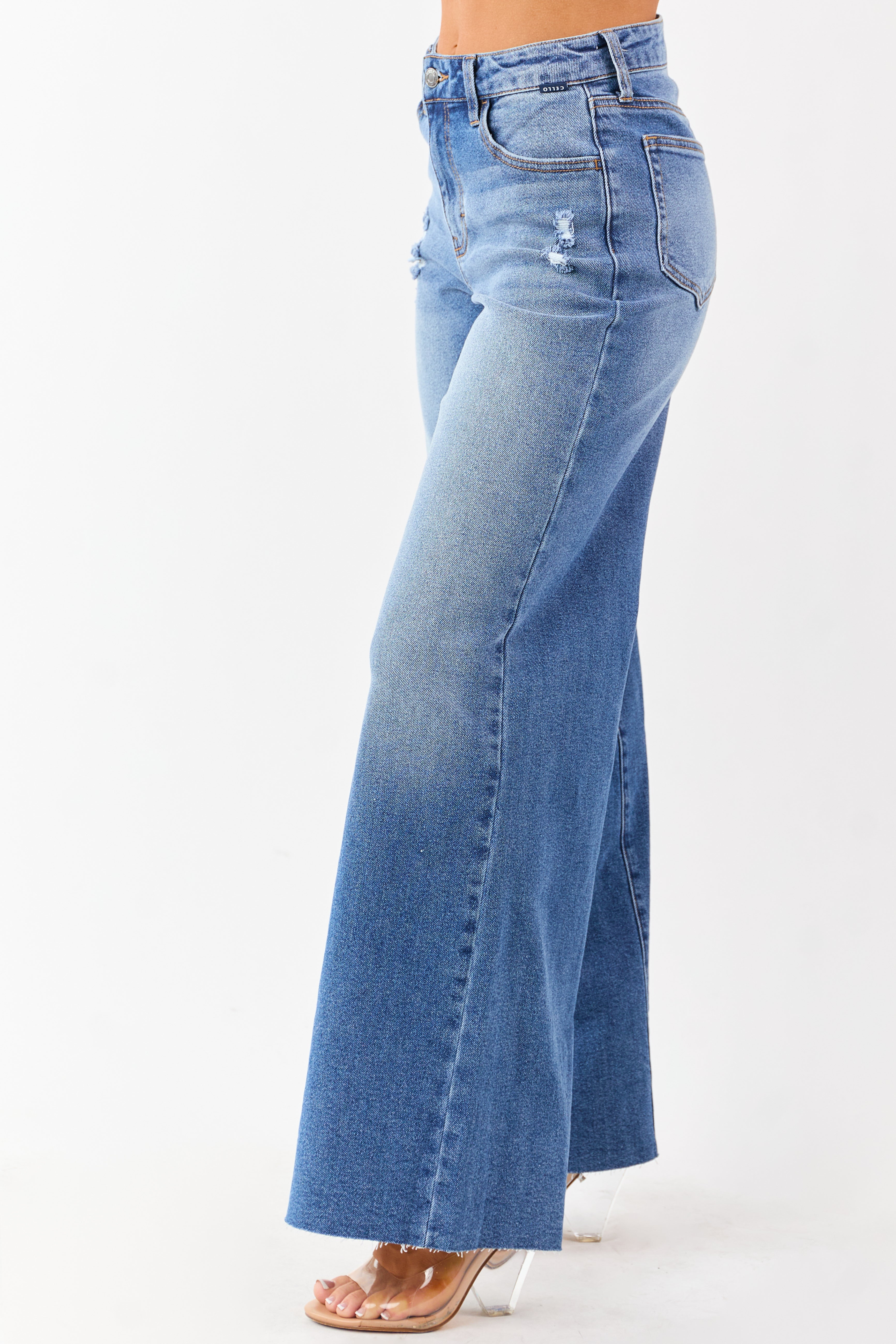 Cello Medium High Rise Curved Seam Wide Leg Jeans