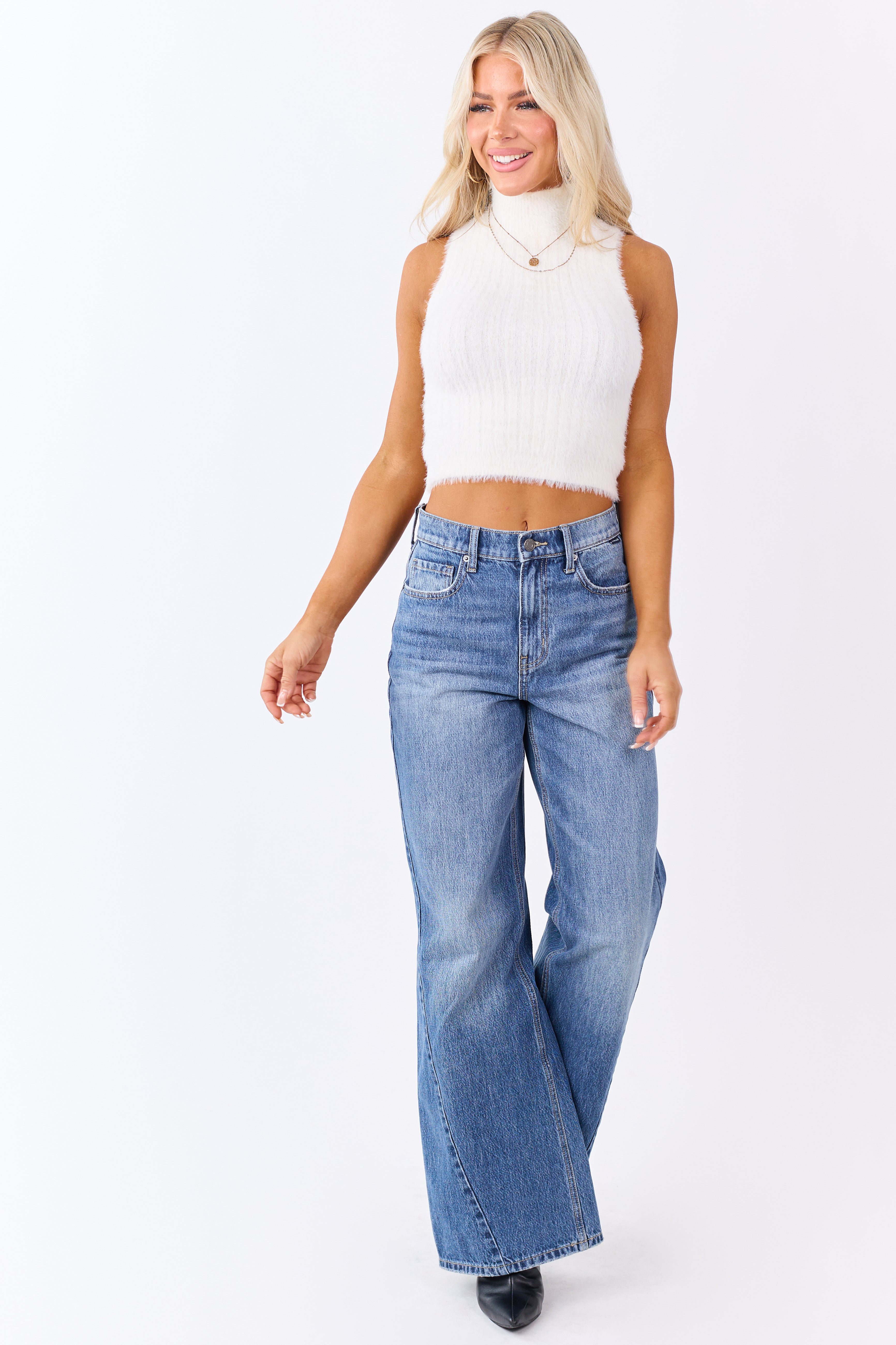 Cello Medium High Rise Wide Leg Curved Seam Jeans