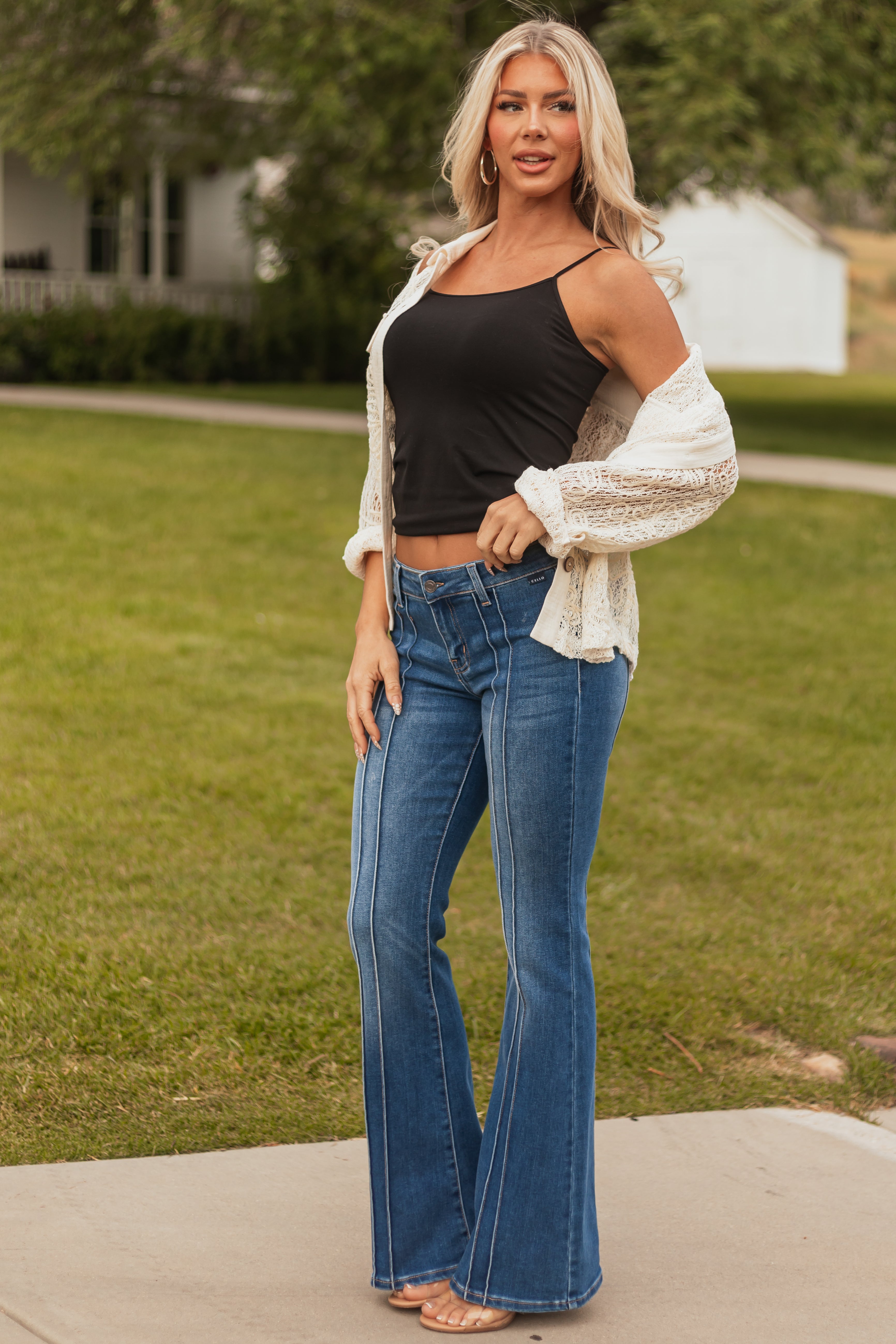 Cello Medium Pin Tuck Detail Stretchy Flare Jeans