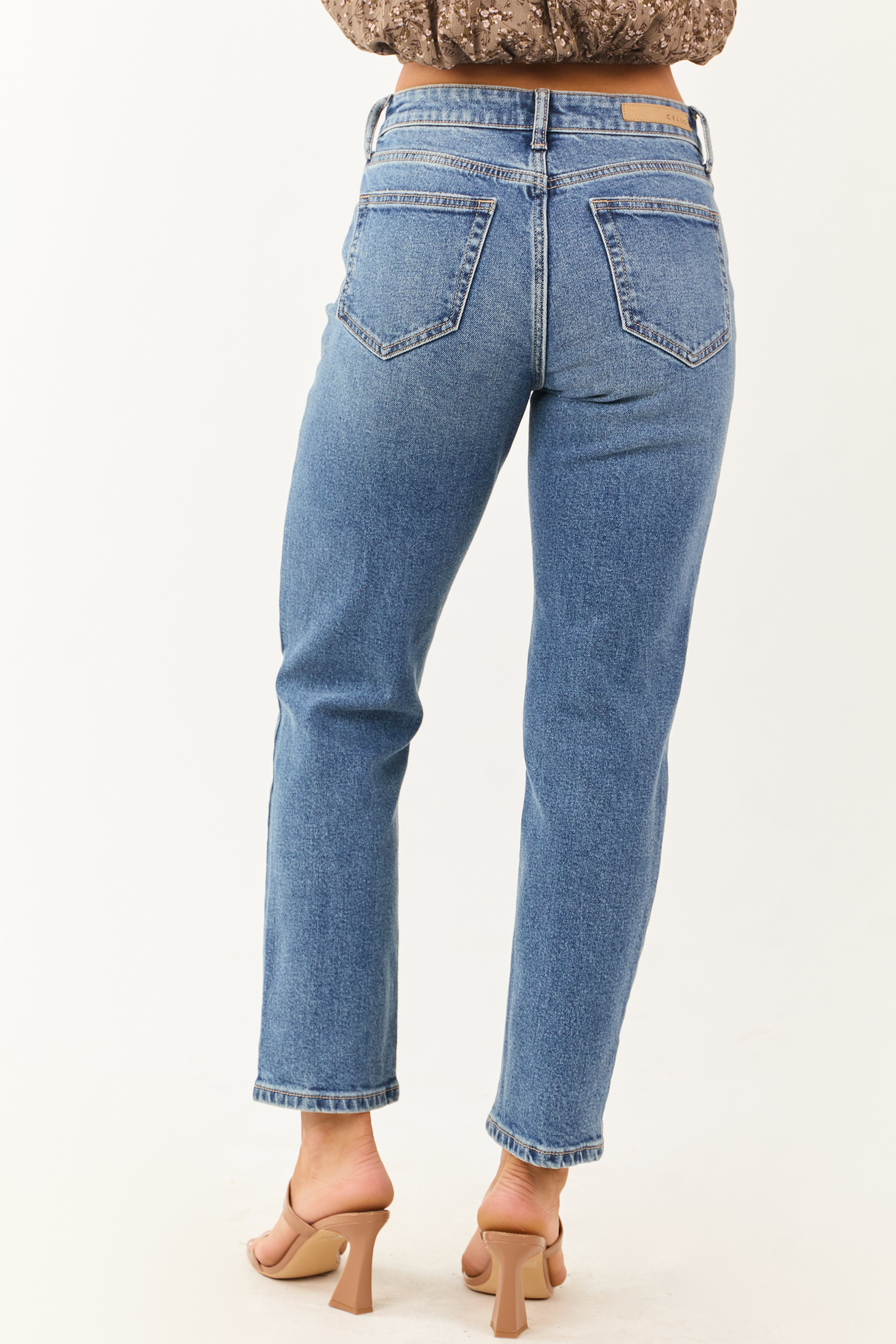 Cello Medium Wash Distressed Slim Straight Jeans
