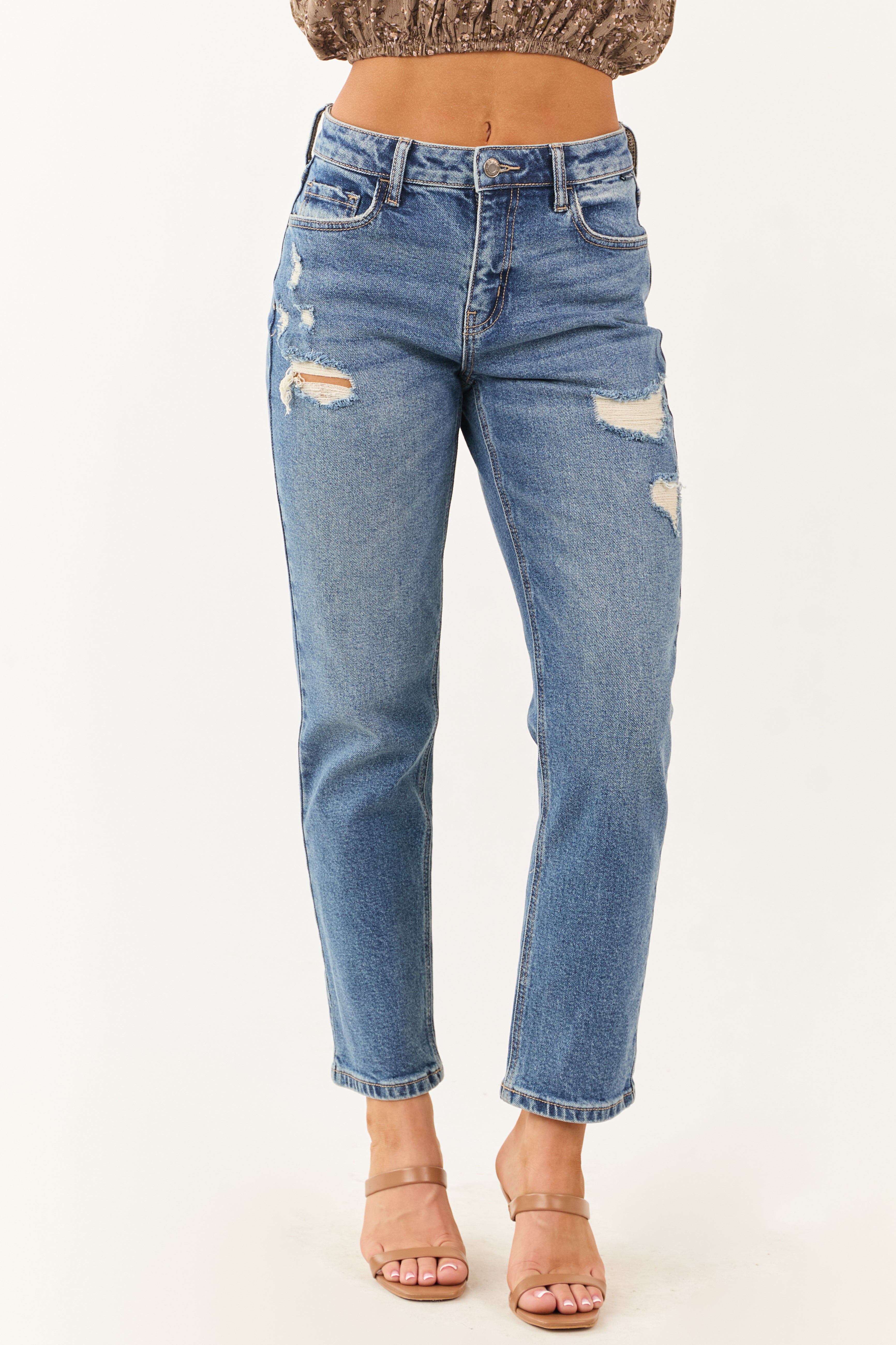 Cello Medium Wash Distressed Slim Straight Jeans