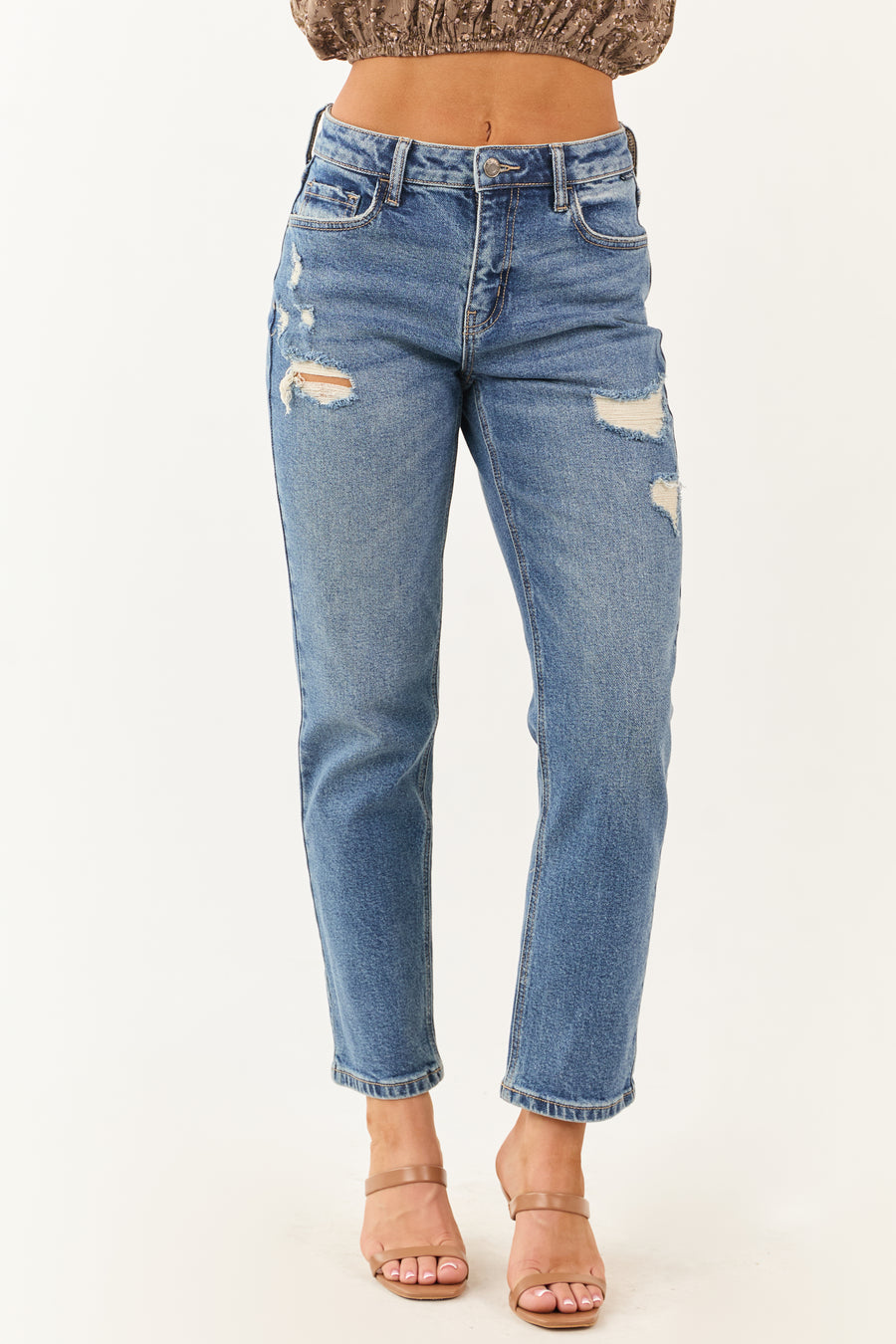 Cello Medium Wash Distressed Slim Straight Jeans