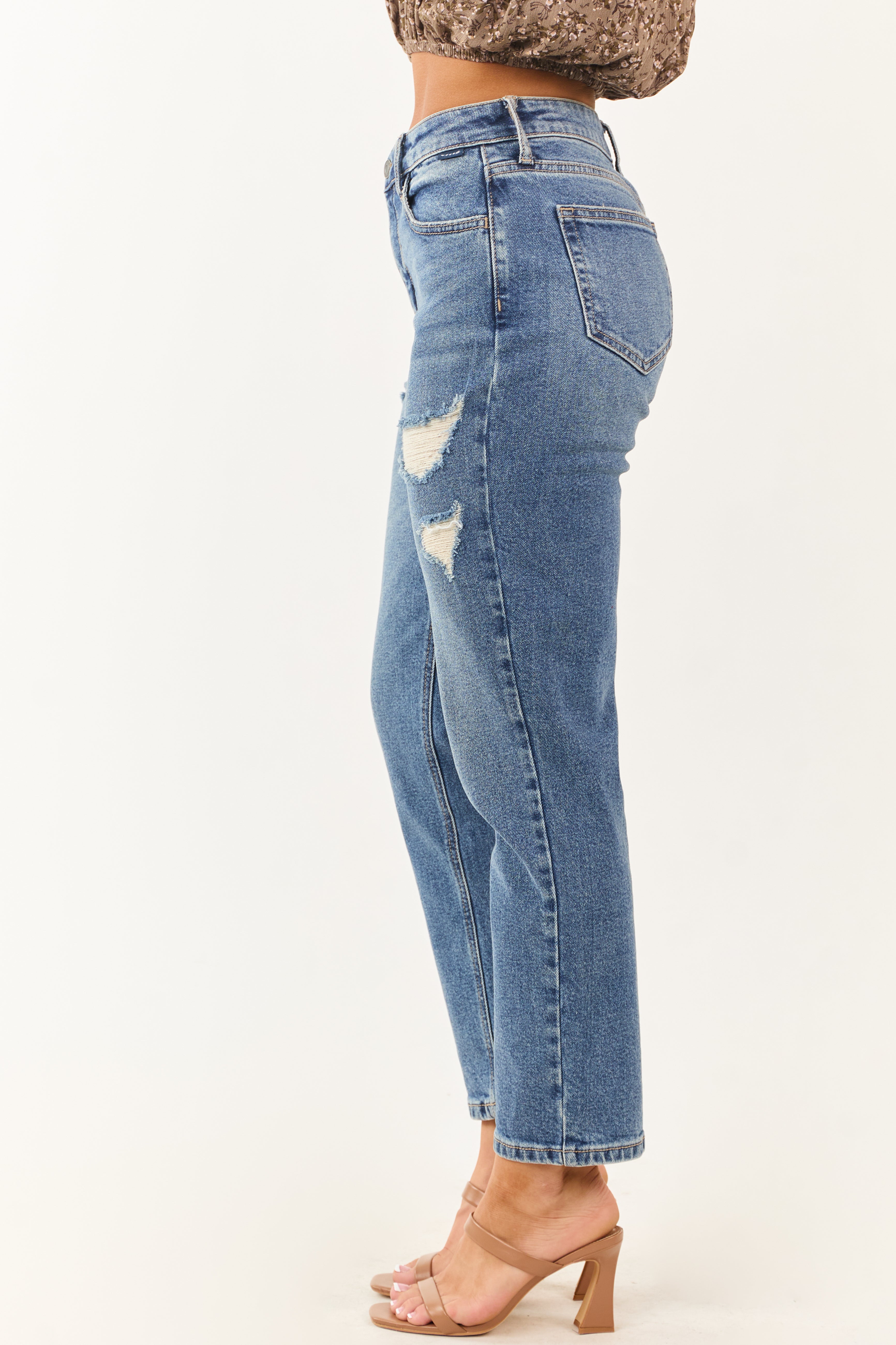 Cello Medium Wash Distressed Slim Straight Jeans