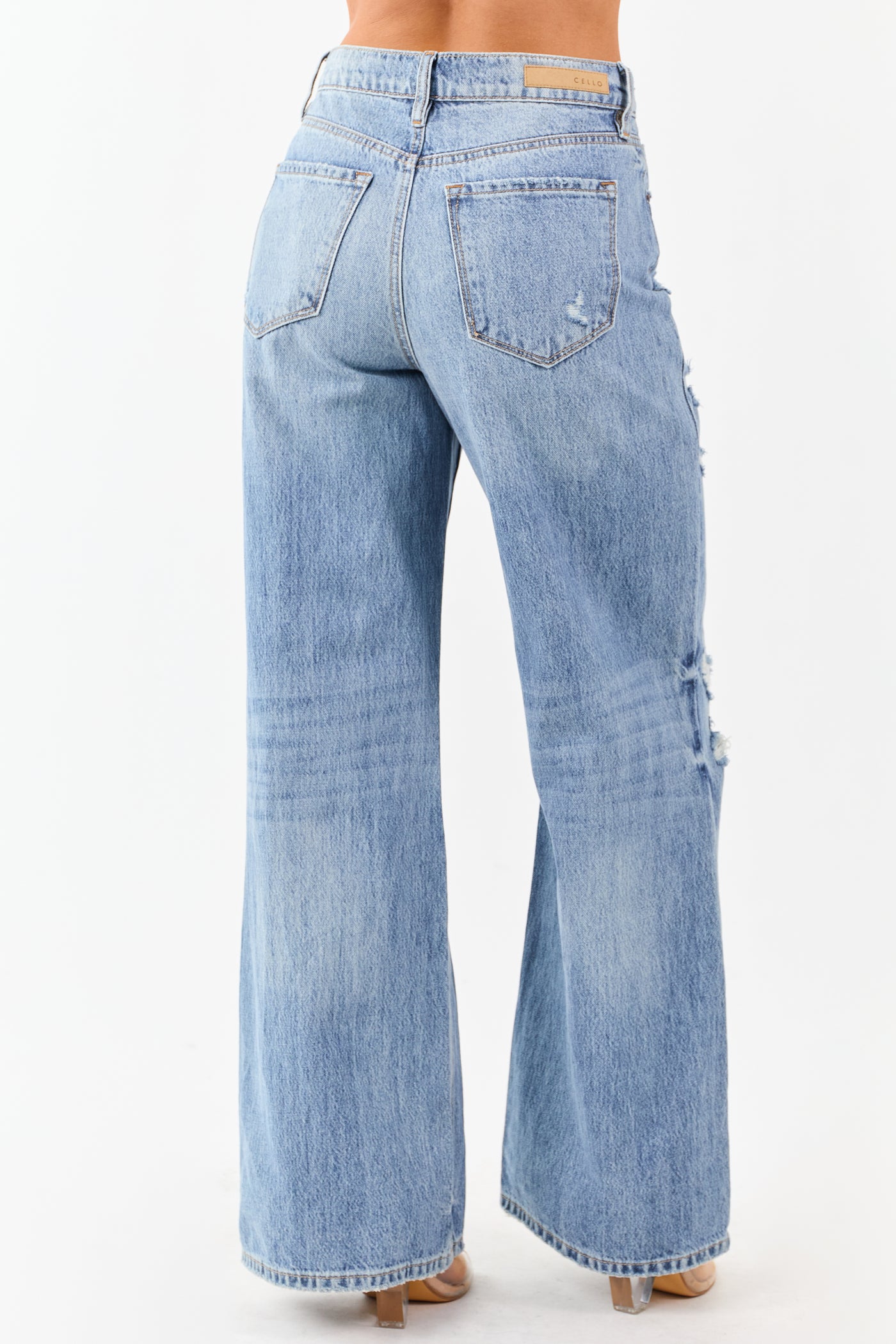 Cello Medium Wash Distressed Wide Leg Jeans