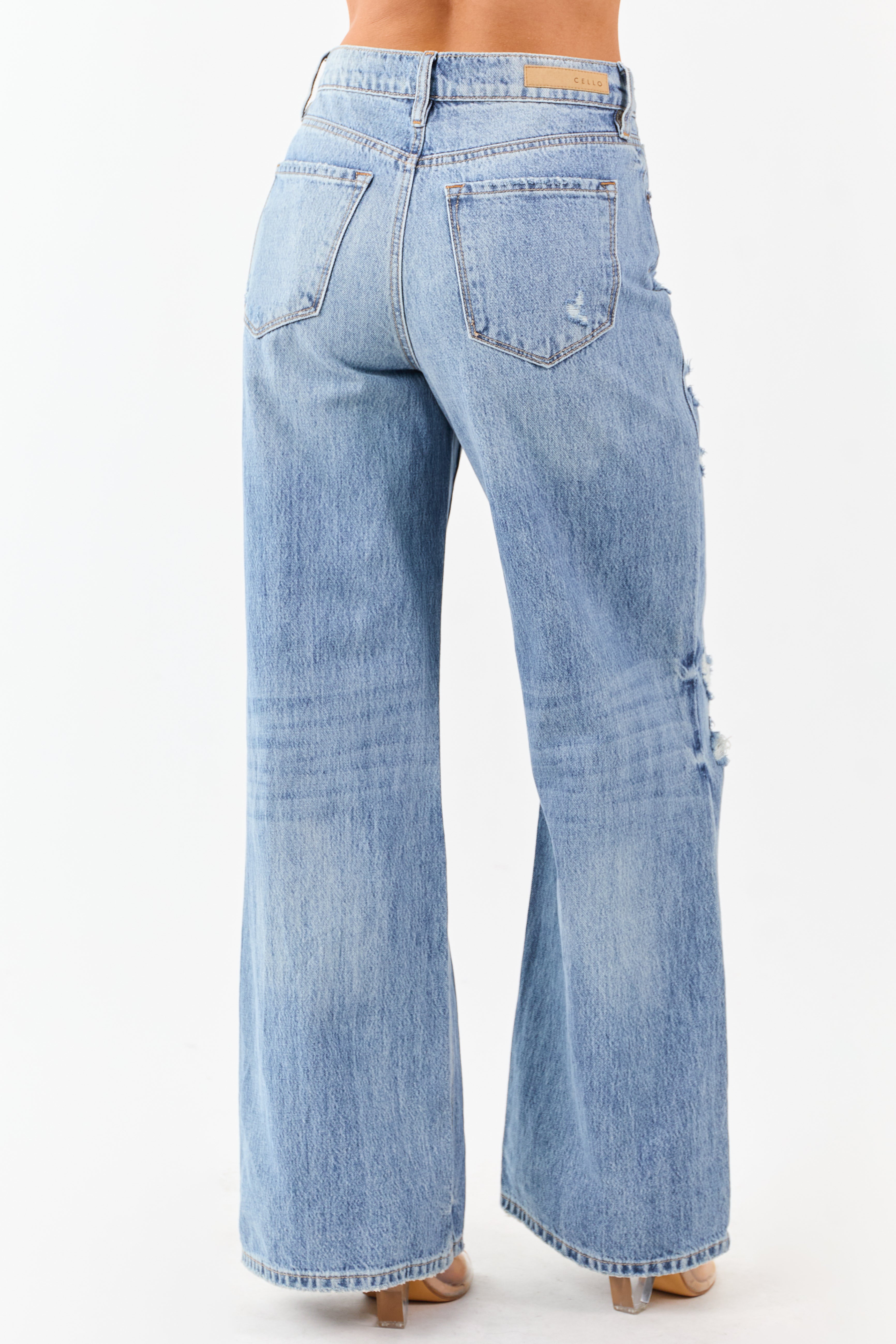 Cello Medium Wash Distressed Wide Leg Jeans