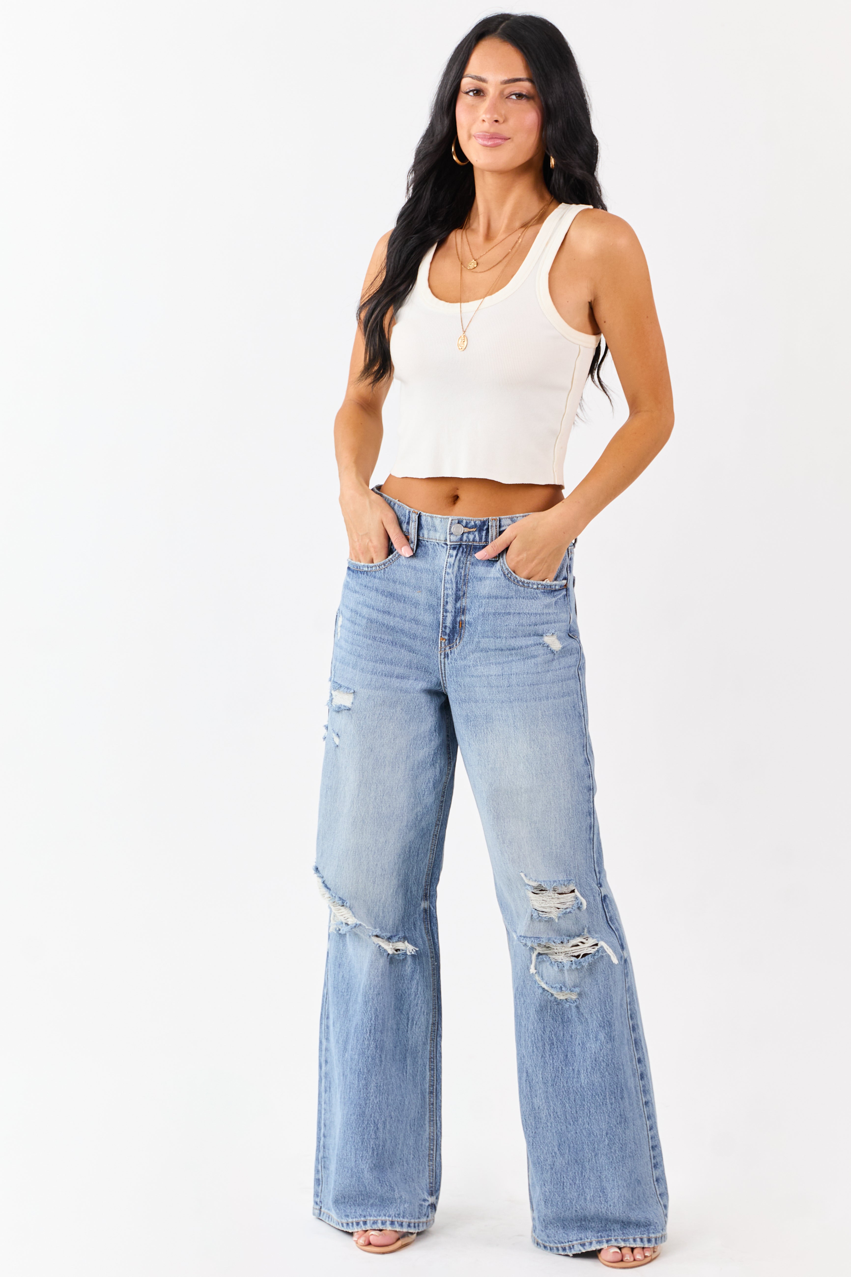 Cello Medium Wash Distressed Wide Leg Jeans