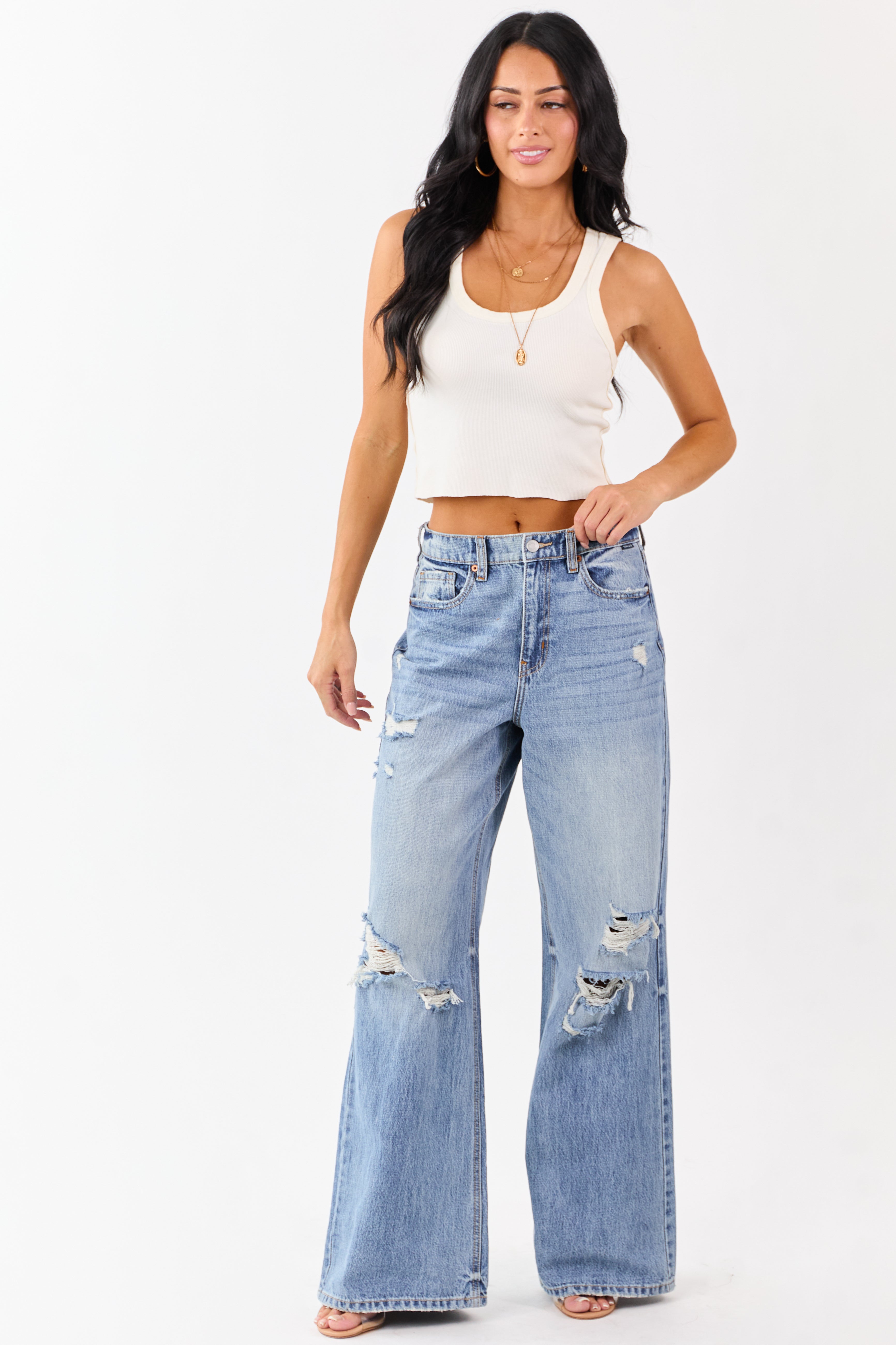 Cello Medium Wash Distressed Wide Leg Jeans