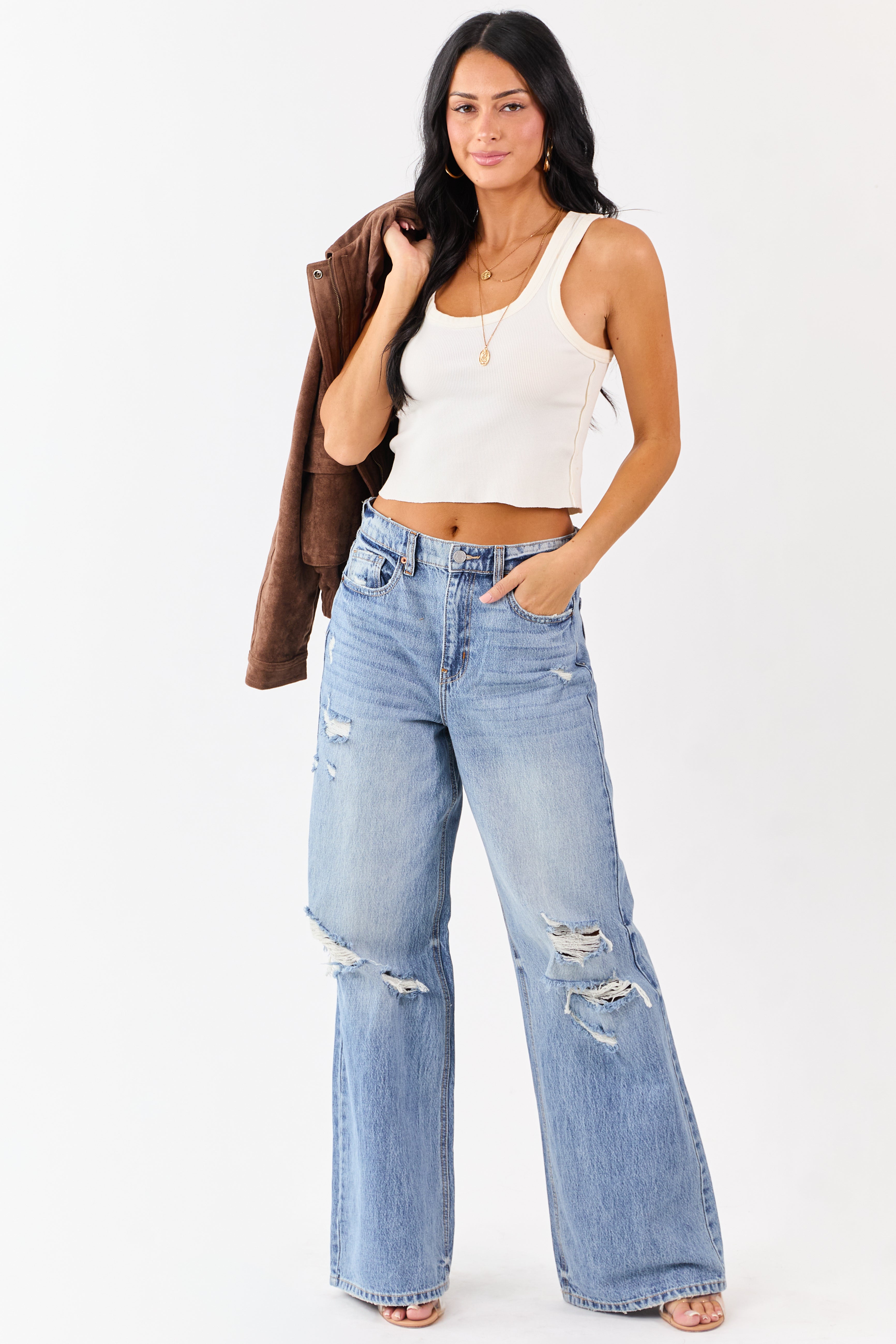Cello Medium Wash Distressed Wide Leg Jeans