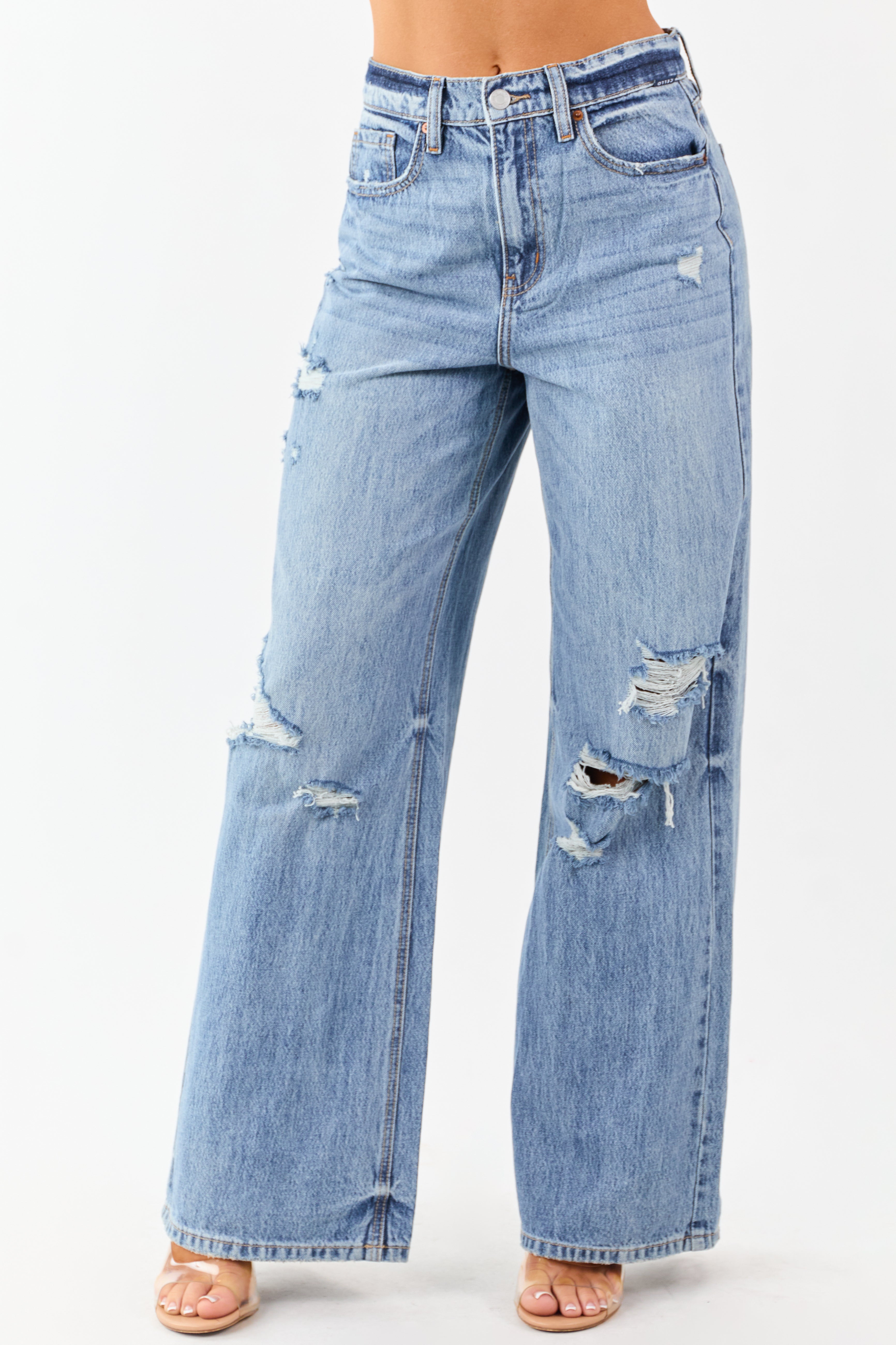 Cello Medium Wash Distressed Wide Leg Jeans