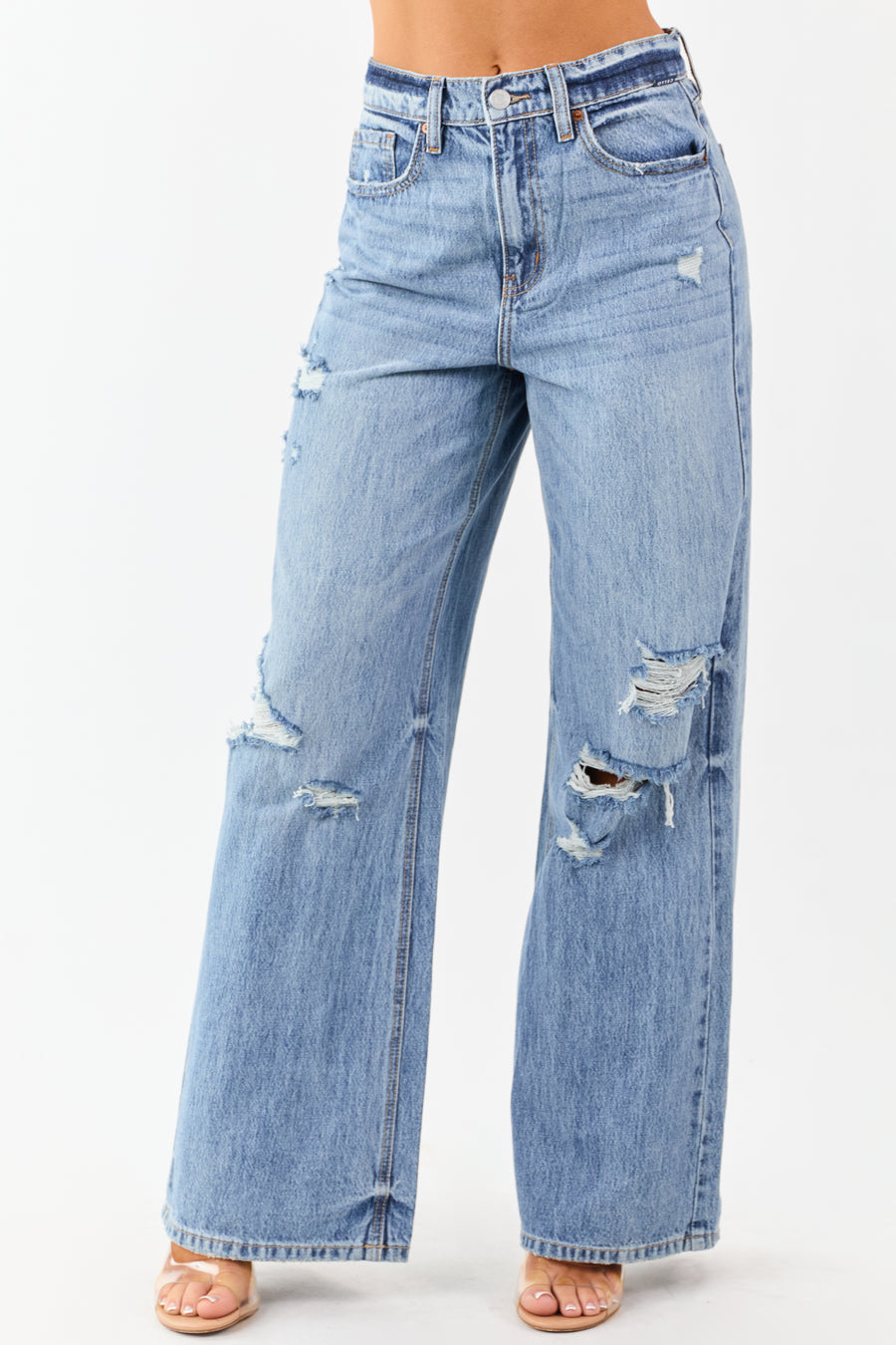Cello Medium Wash Distressed Wide Leg Jeans