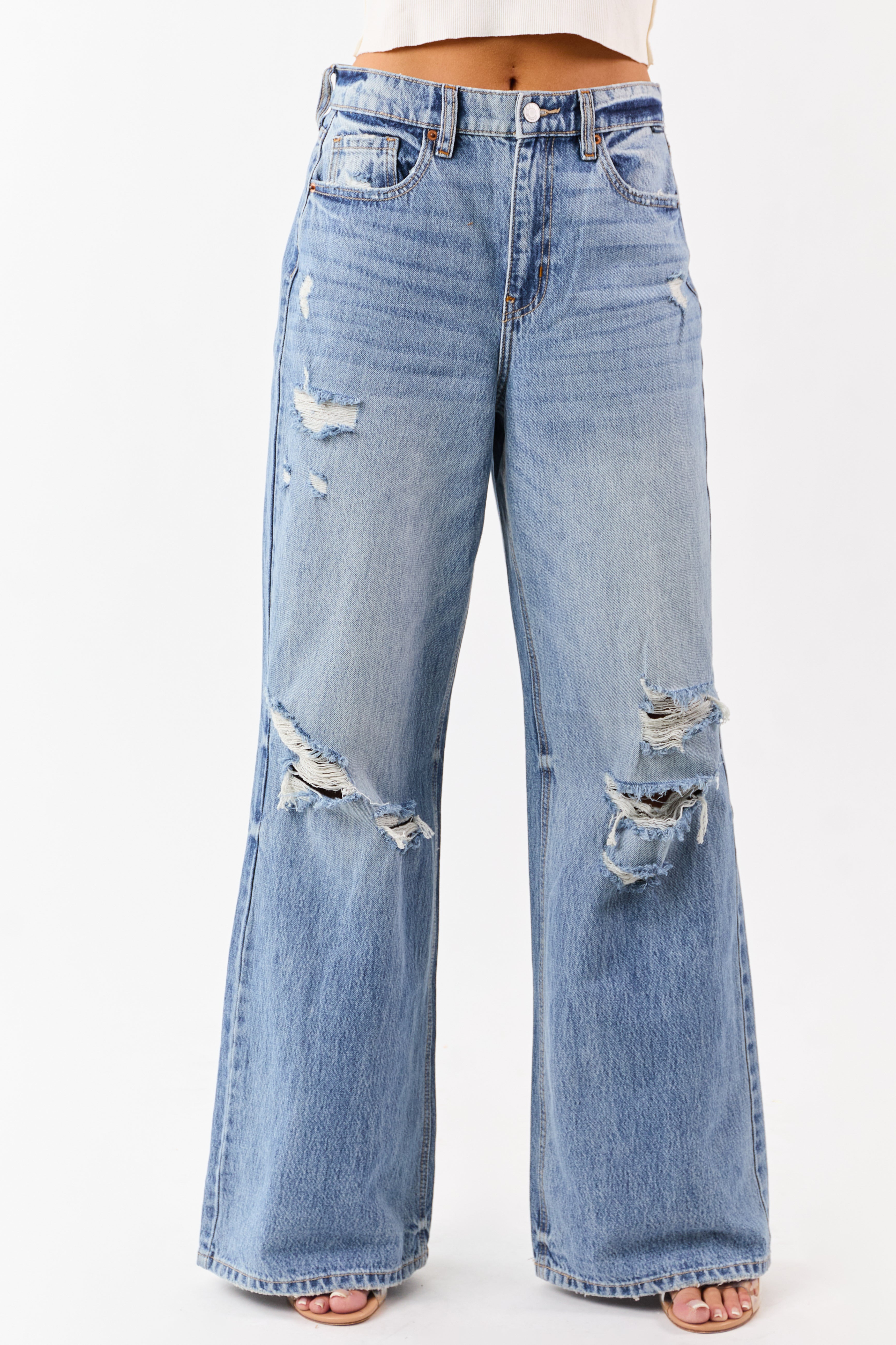 Cello Medium Wash Distressed Wide Leg Jeans