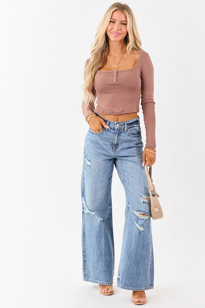 Cello Medium Wash Distressed Wide Leg Jeans