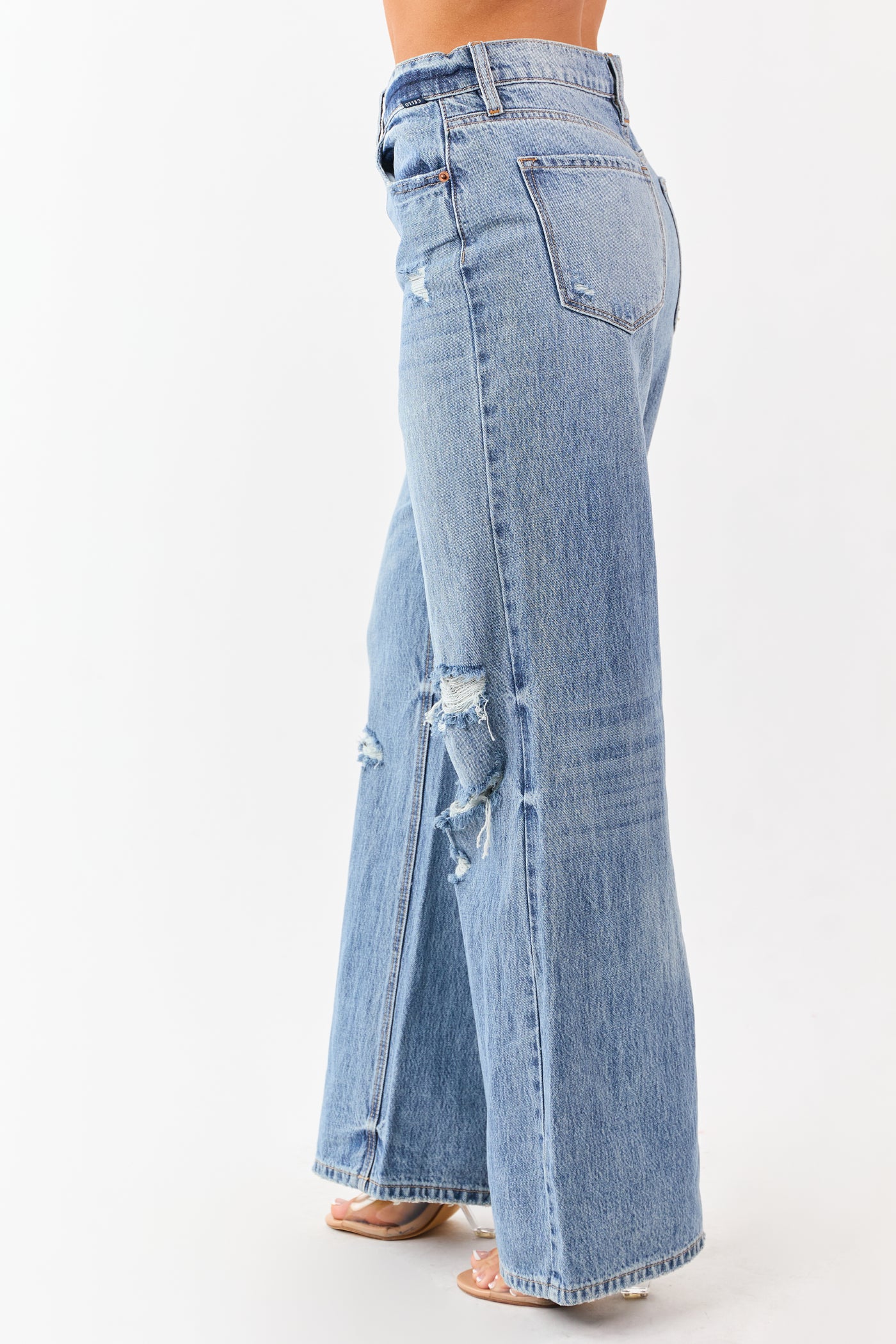 Cello Medium Wash Distressed Wide Leg Jeans