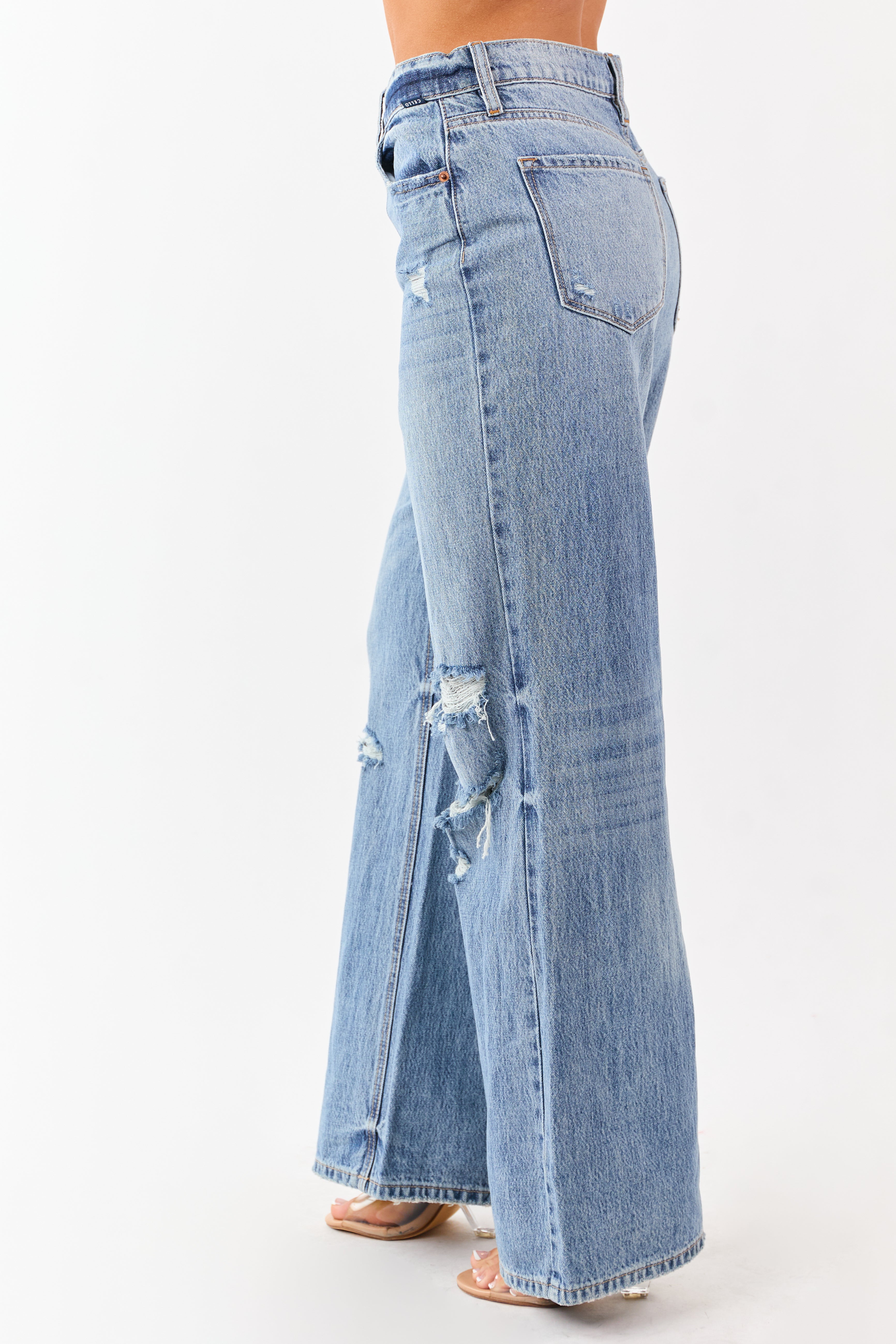 Cello Medium Wash Distressed Wide Leg Jeans