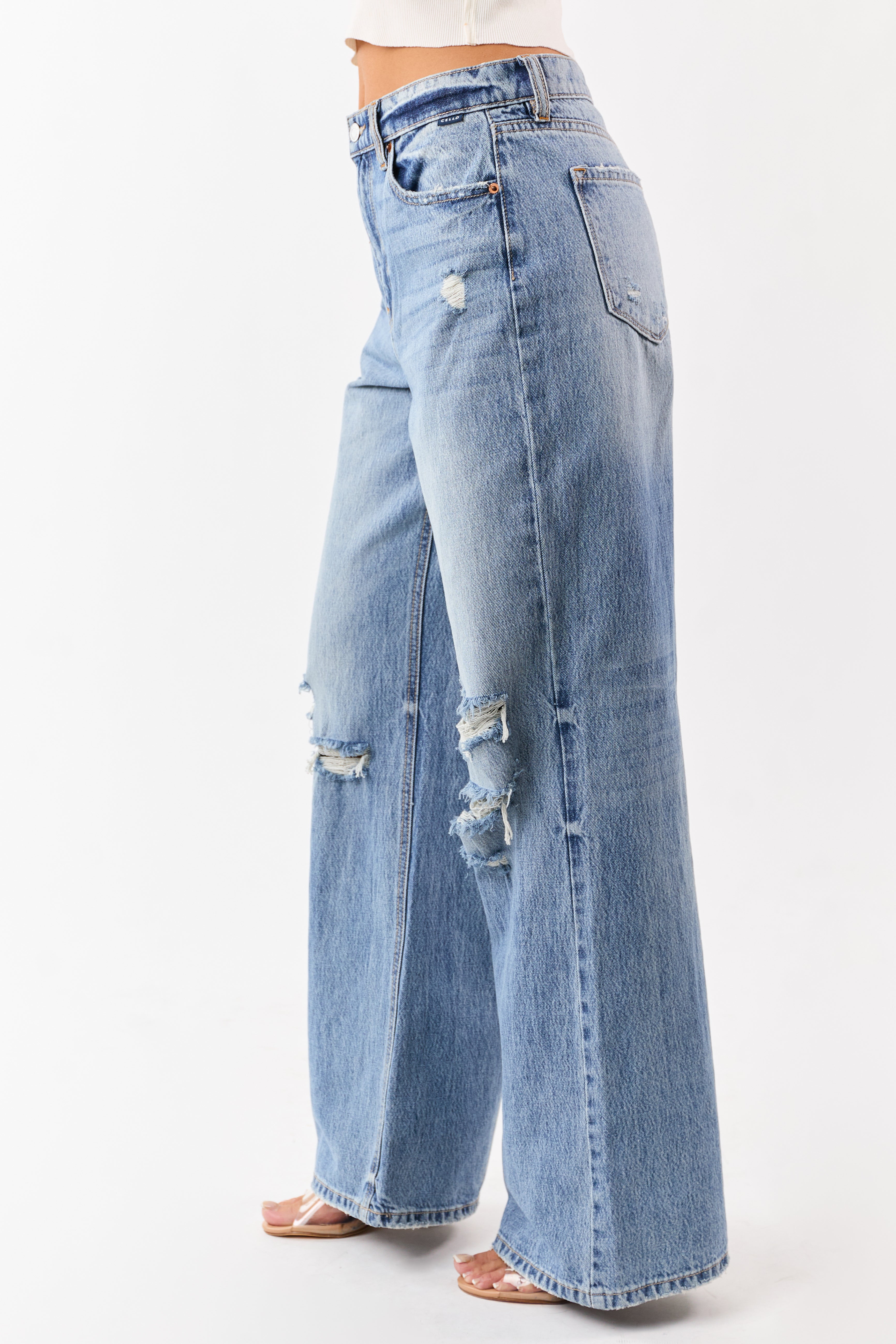 Cello Medium Wash Distressed Wide Leg Jeans