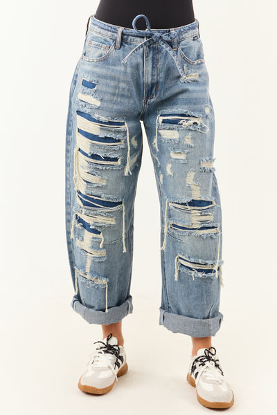 Cello Medium Wash Heavy Distressed Barrel Jeans