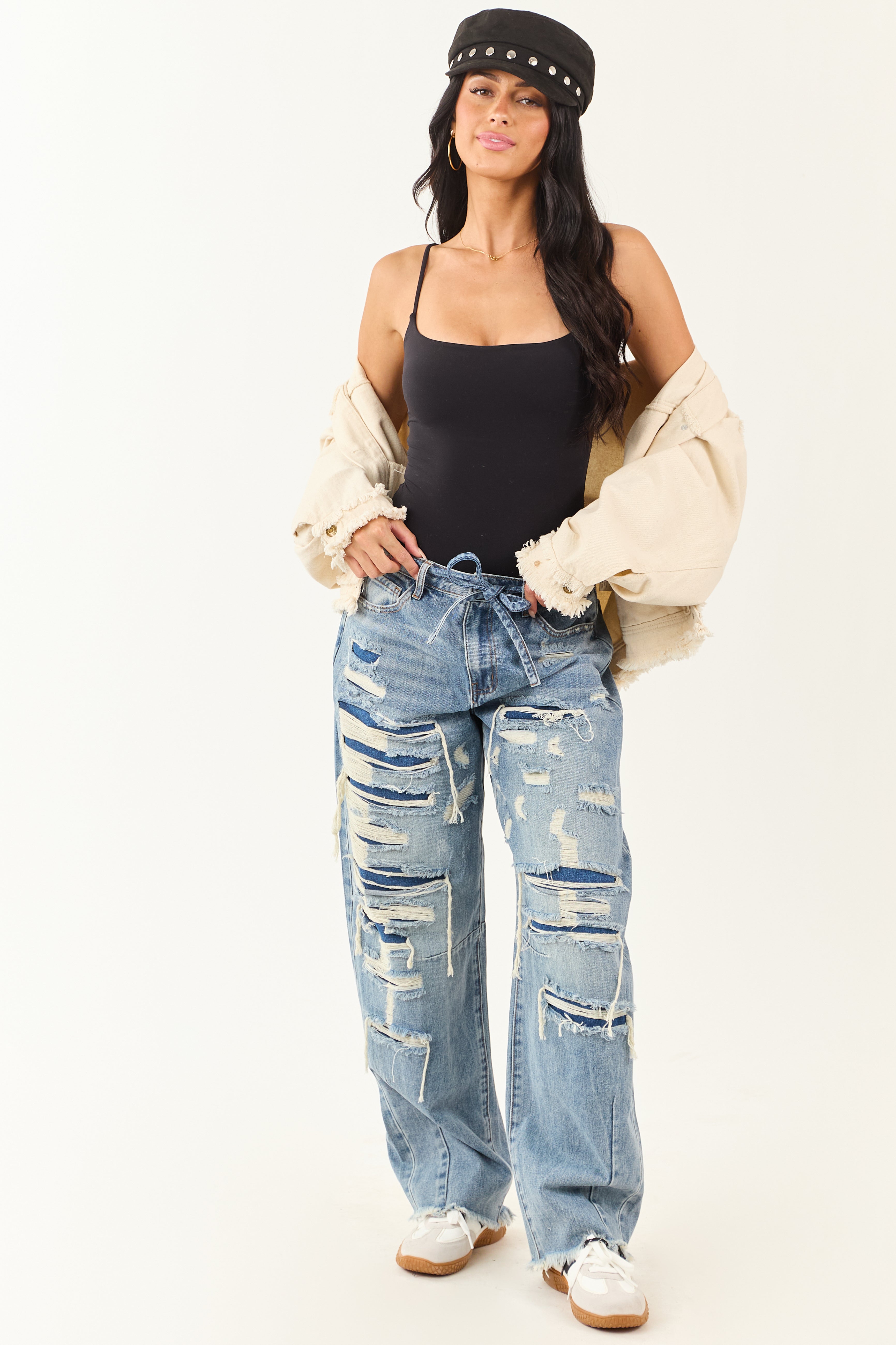 Cello Medium Wash Heavy Distressed Barrel Jeans