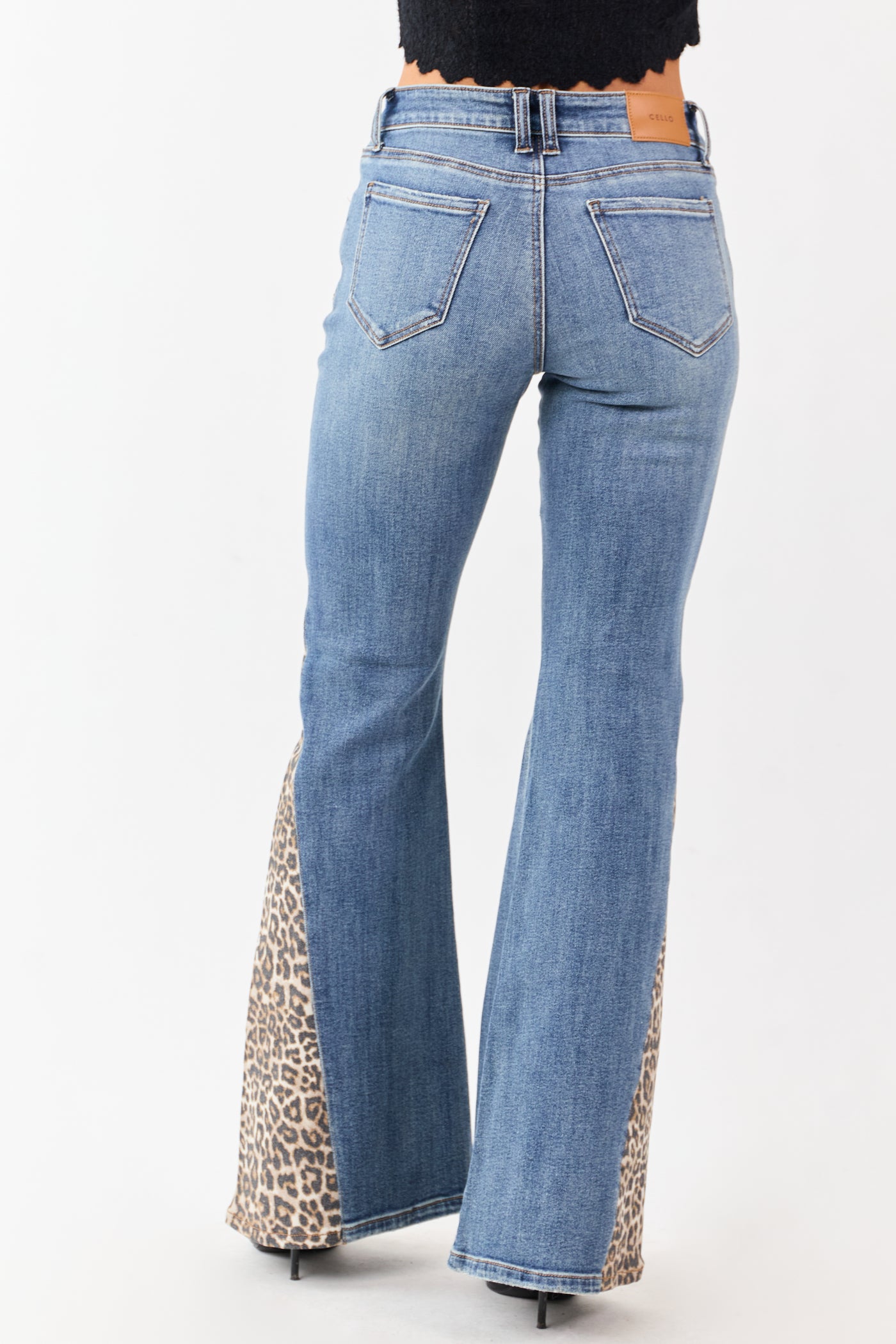 Cello Medium Wash Leopard Panel Flare Stretchy Jeans