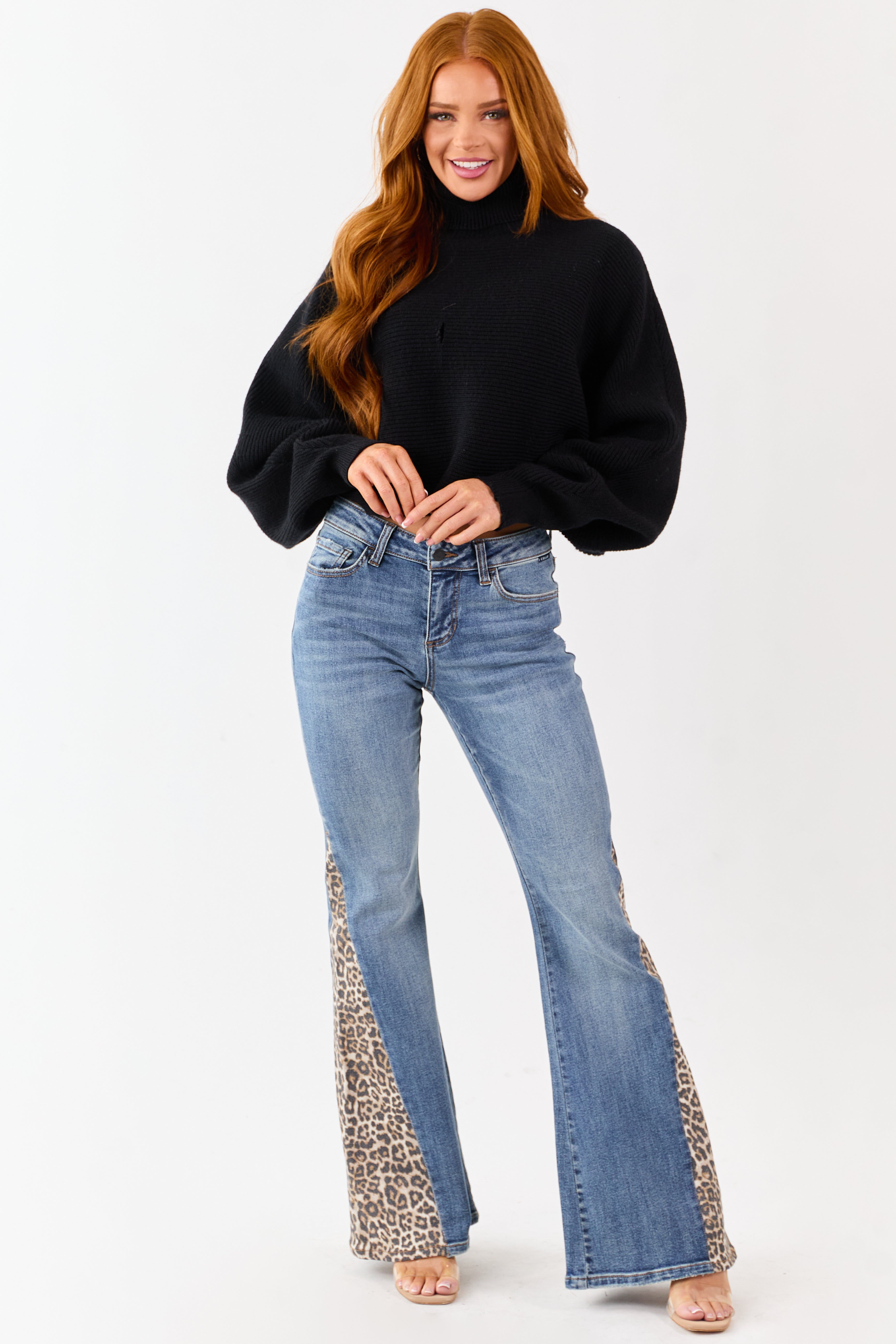 Cello Medium Wash Leopard Panel Flare Stretchy Jeans
