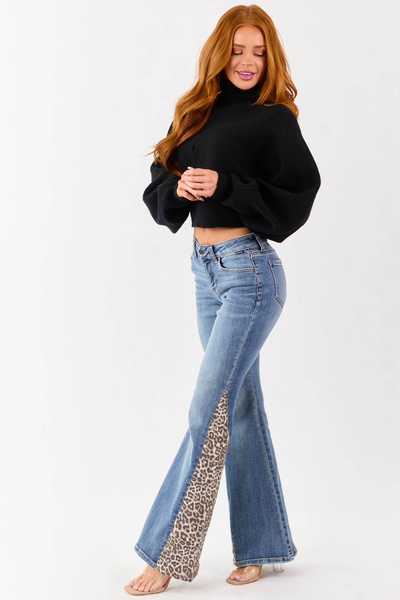 Cello Medium Wash Leopard Panel Flare Stretchy Jeans