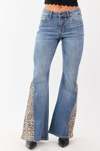 Cello Medium Wash Leopard Panel Flare Stretchy Jeans