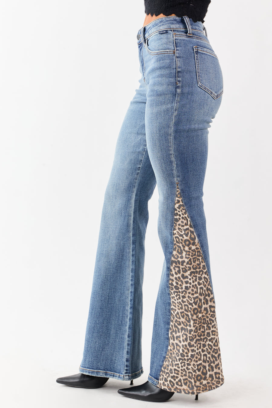 Cello Medium Wash Leopard Panel Flare Stretchy Jeans