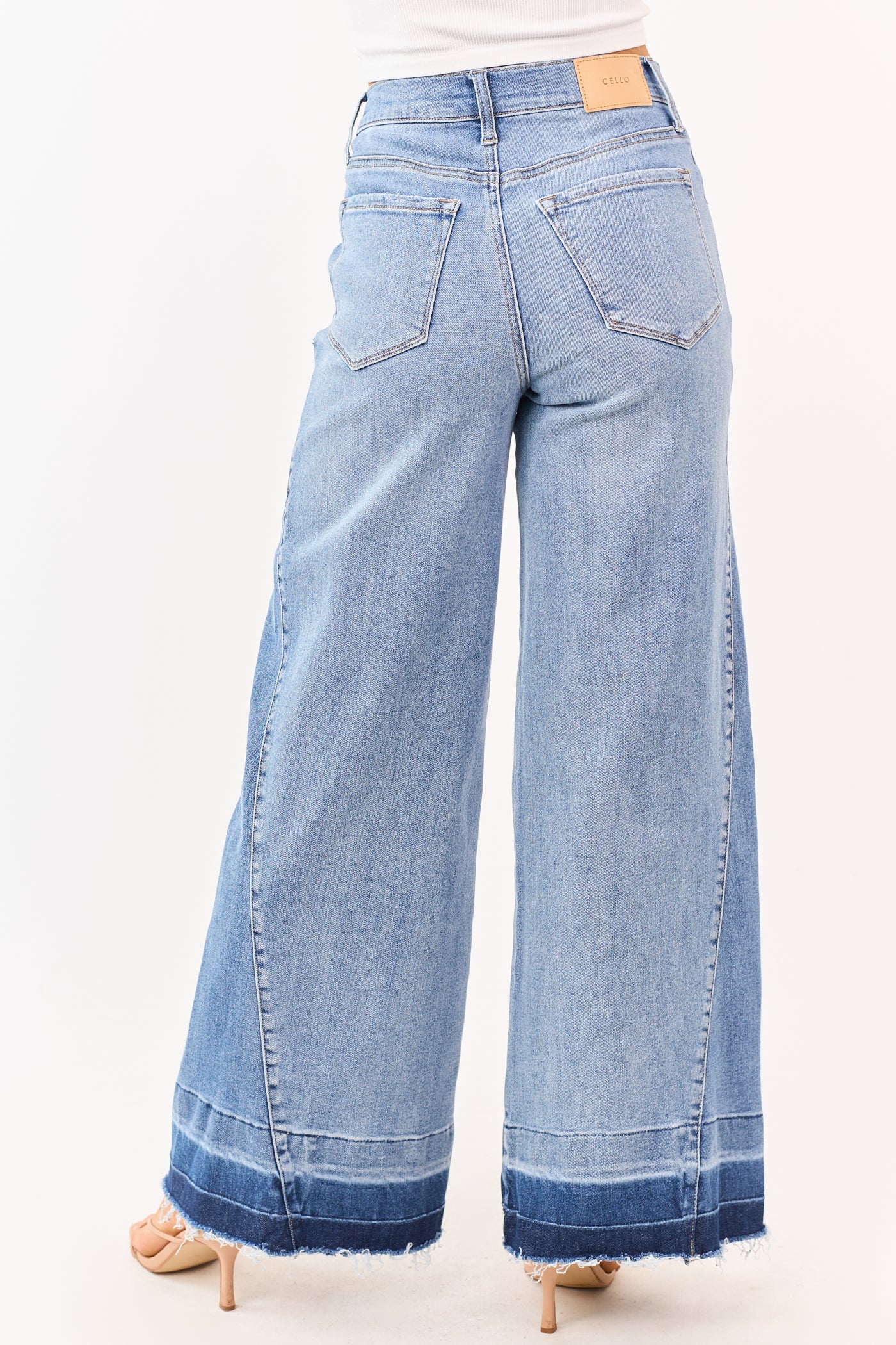 Cello Medium Wash Released Hem Stretchy Wide Jeans