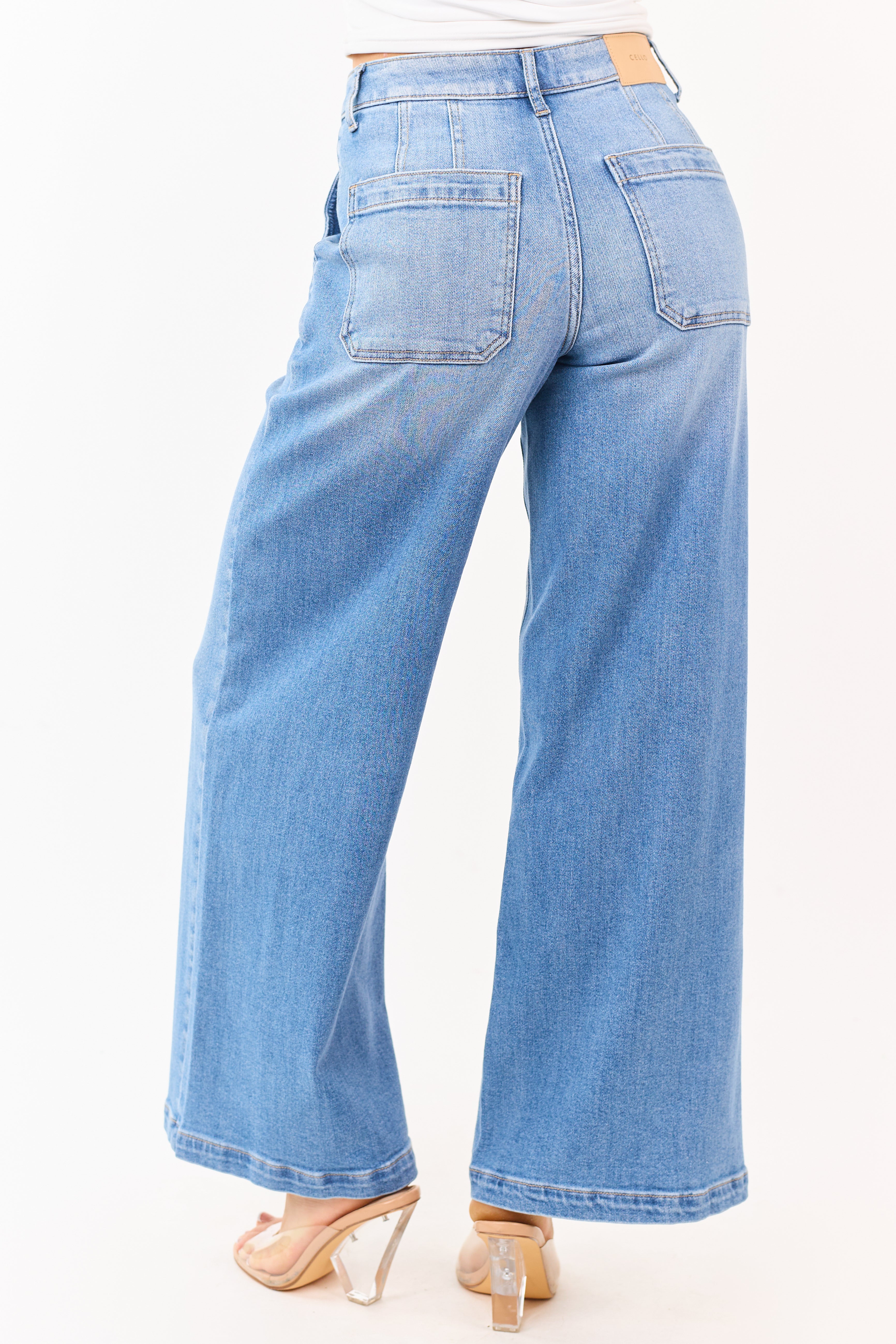 Cello Medium Wash Slant Pocket Wide Stretch Jeans