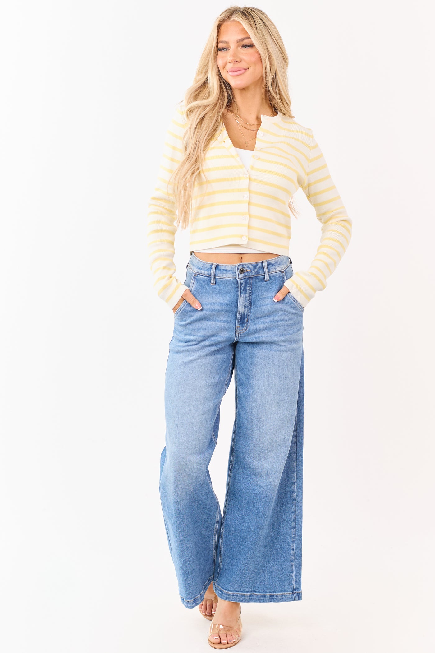 Cello Medium Wash Slant Pocket Wide Stretch Jeans